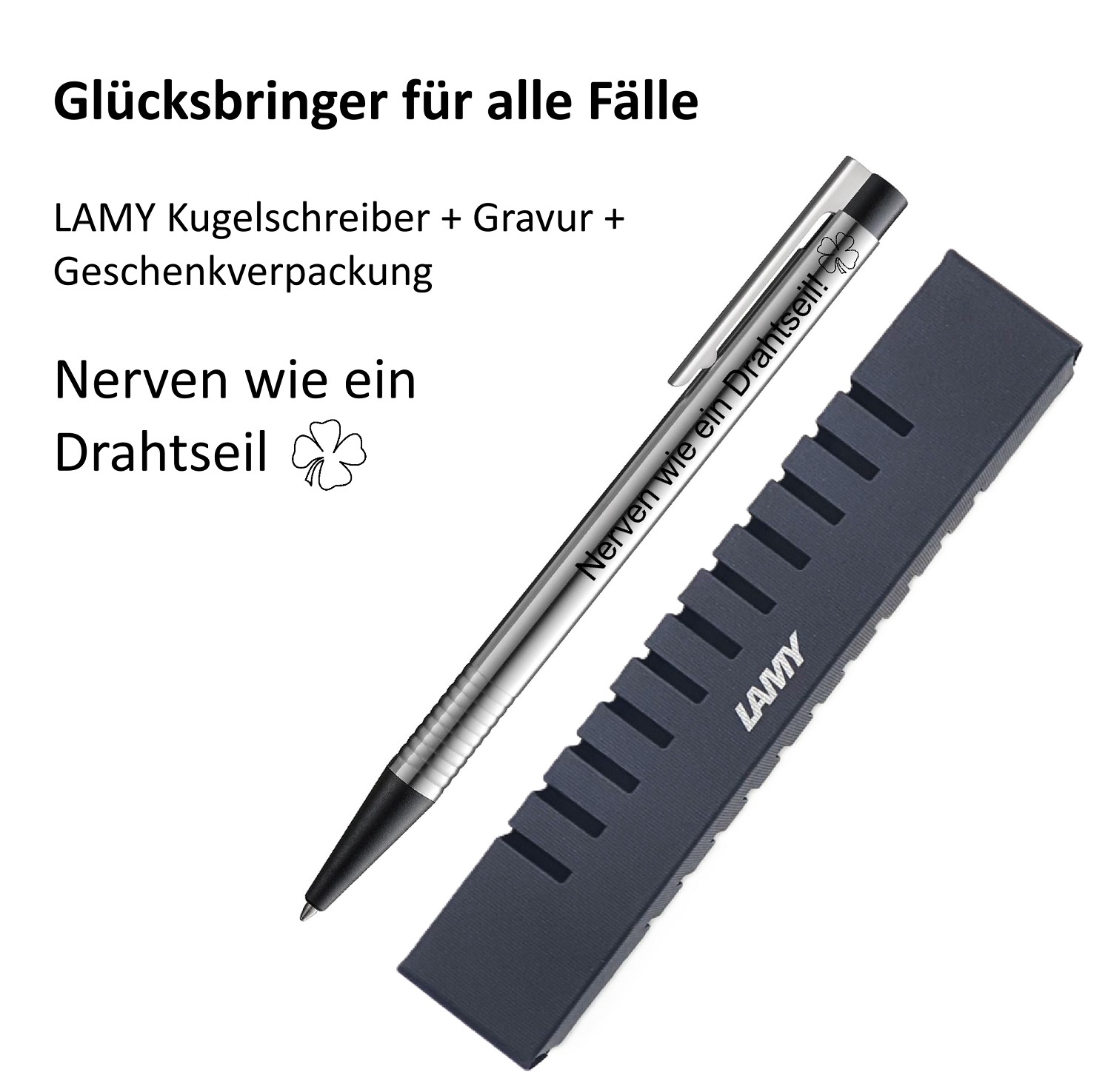 LAMY Kugelschreiber schwarz Geschenk Gravur Kleeblatt Prüfung Glücksbringer Nerven wie ein Drahtseil!