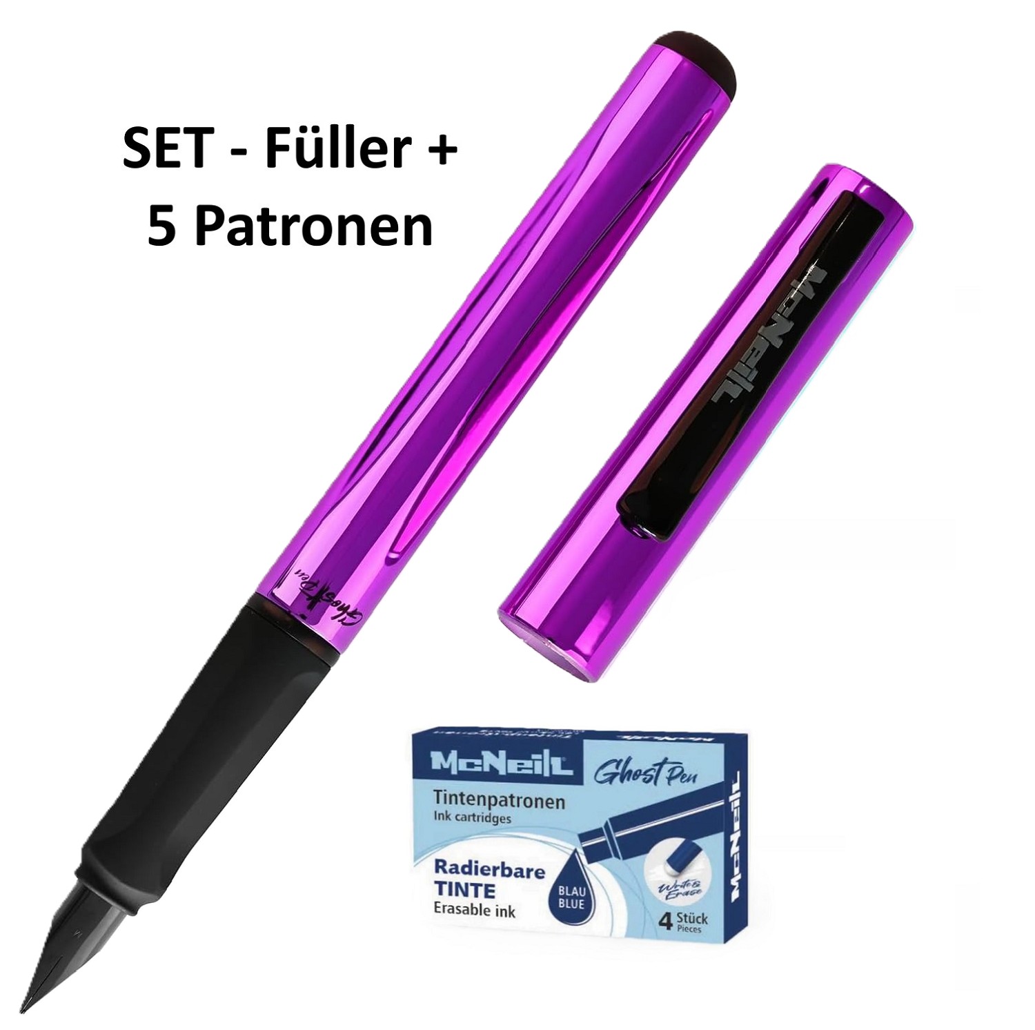 McNeill Ghost Pen Metallic Violett Lila Füller + 5 Patronen blau löschbar/radierbar - SET