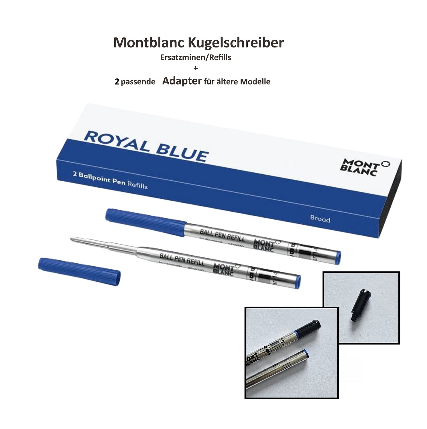 2x MONTBLANC Ersatzmine Kugelschreiber B Blau + 2 x passender Adapter Schwarz