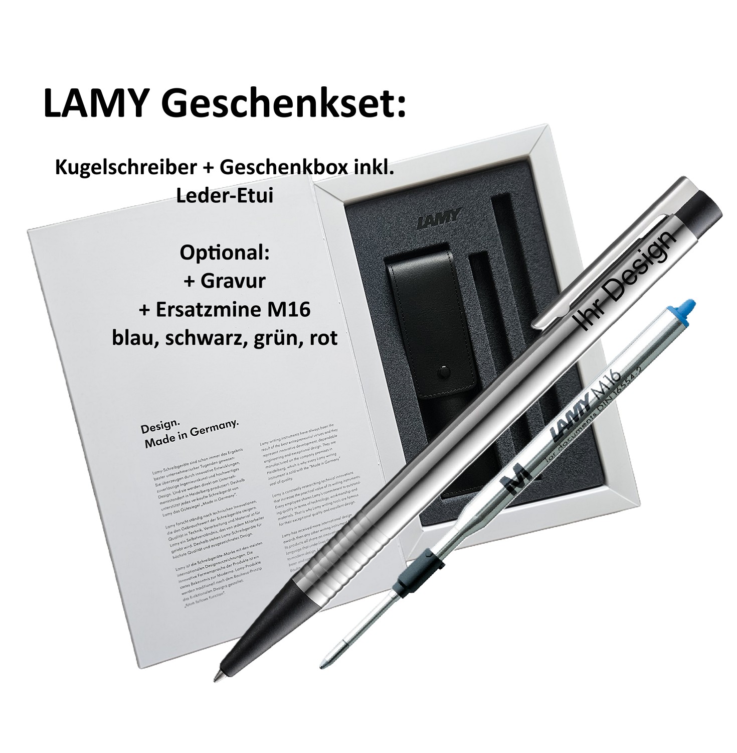 LAMY GESCHENK SET - Logo Kugelschreiber Schwarz + Box + Ersatz Mine M16 M blau + Gravur