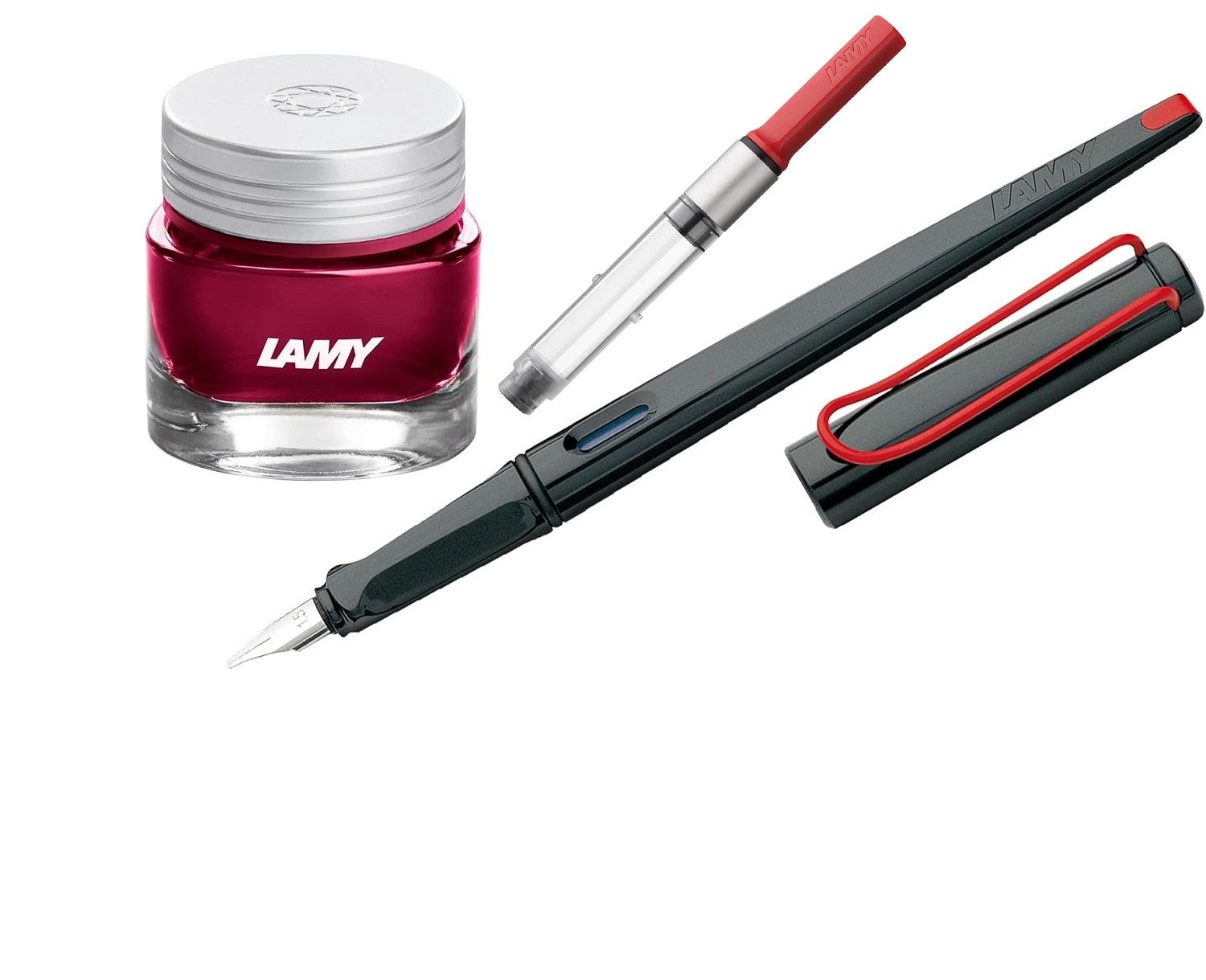 LAMY Geschenk Set - Kalligrafie Joy Füller 015 Schwarz - Kunststoff + Konverter Rot z28 + Tintenglas/Crystal Ink T53 Ruby/Pink