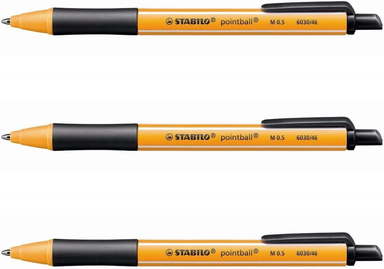 3x Kugelschreiber/Pointball mit Druckknopf + Clip -  STABILO Schwarz 6030 46 0,5
