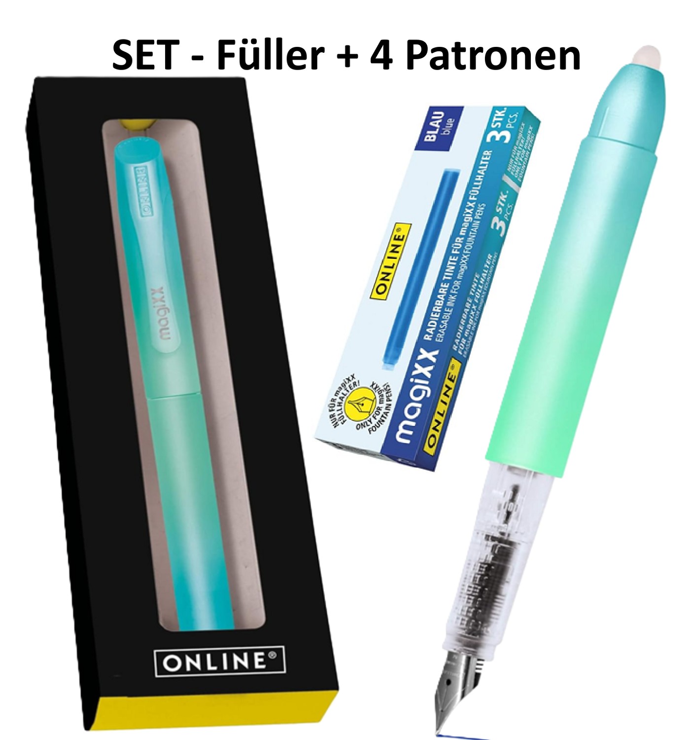 Radierbarer Füller für Schule -  MagiXX Türkis/Silber + 4 Patronen blau Online - turquoise dreams