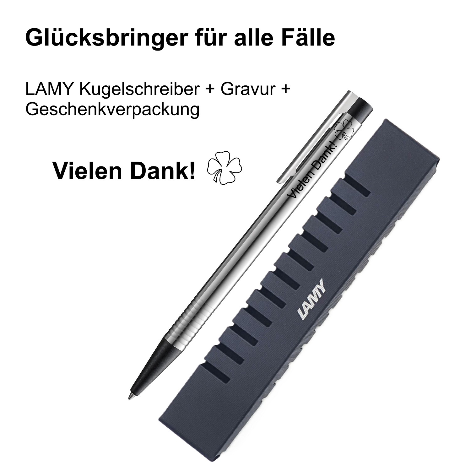 LAMY Kugelschreiber schwarz Geschenk Gravur Kleeblatt Prüfung Glücksbringer Vielen Dank!