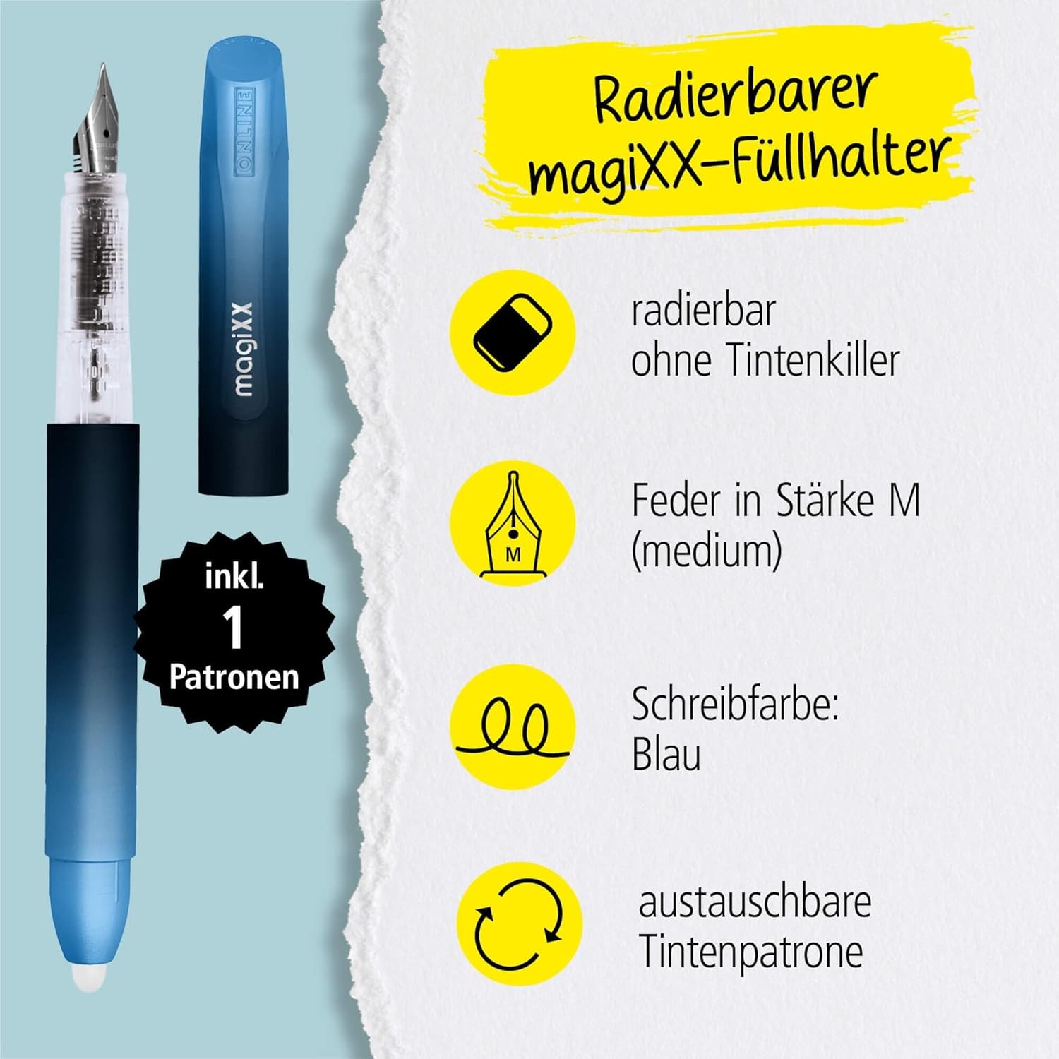 Radierbarer Füller für Schule -  MagiXX Dunkel Hell Blau + Patrone blau - Online - deep ocean