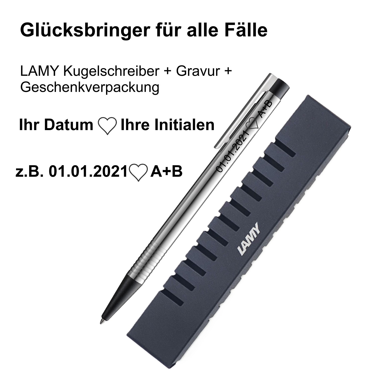 LAMY Kugelschreiber schwarz Geschenk Gravur Kleeblatt Prüfung Glücksbringer Datum Jahrestag + Initialen Buchstaben