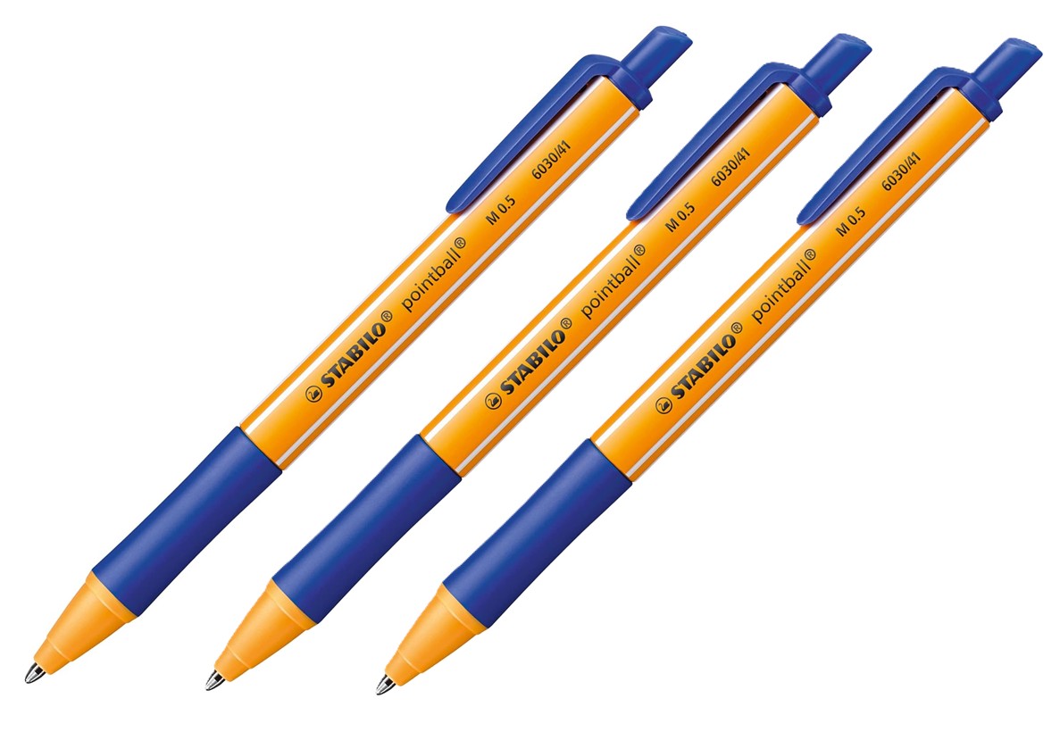 3x Kugelschreiber/Pointball mit Druckknopf + Clip -  STABILO Blau 6030 41 0,5