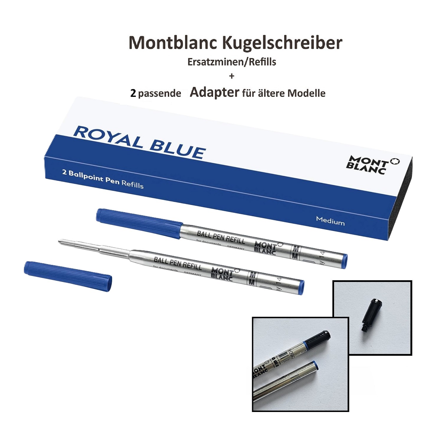 2x MONTBLANC Ersatzmine Kugelschreiber M Blau + 2 x passender Adapter Schwarz