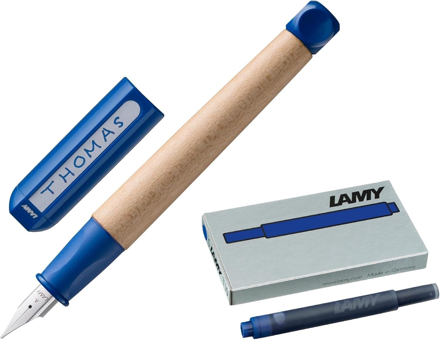LAMY SET ABC Füller + Tinten Patronen blau - löschbar (Holz Füller für Schule)