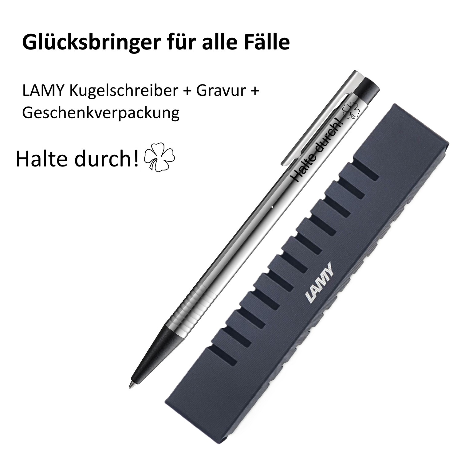 LAMY Kugelschreiber schwarz Geschenk Gravur Kleeblatt Prüfung Glücksbringer Halte durch