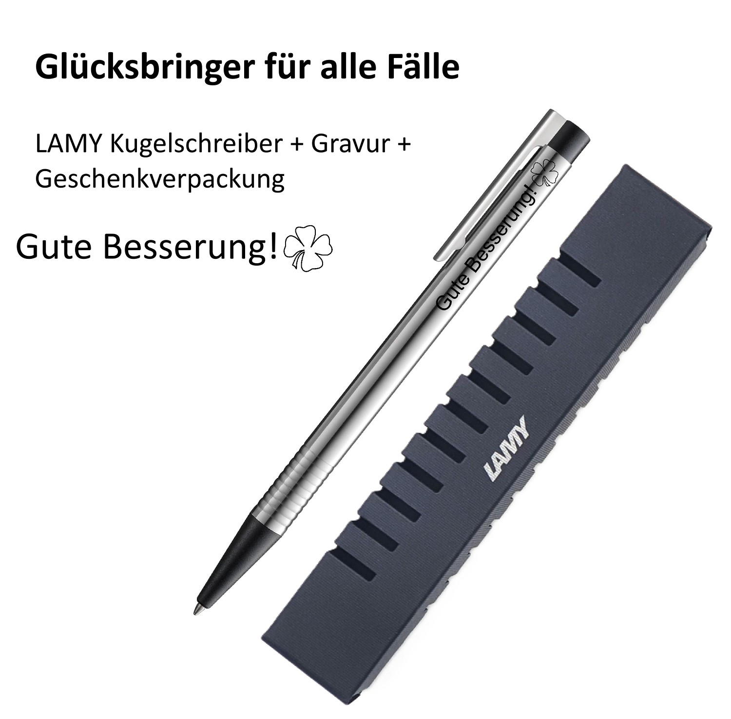 LAMY Kugelschreiber schwarz Geschenk Gravur Kleeblatt Prüfung Glücksbringer Gute Besserung!