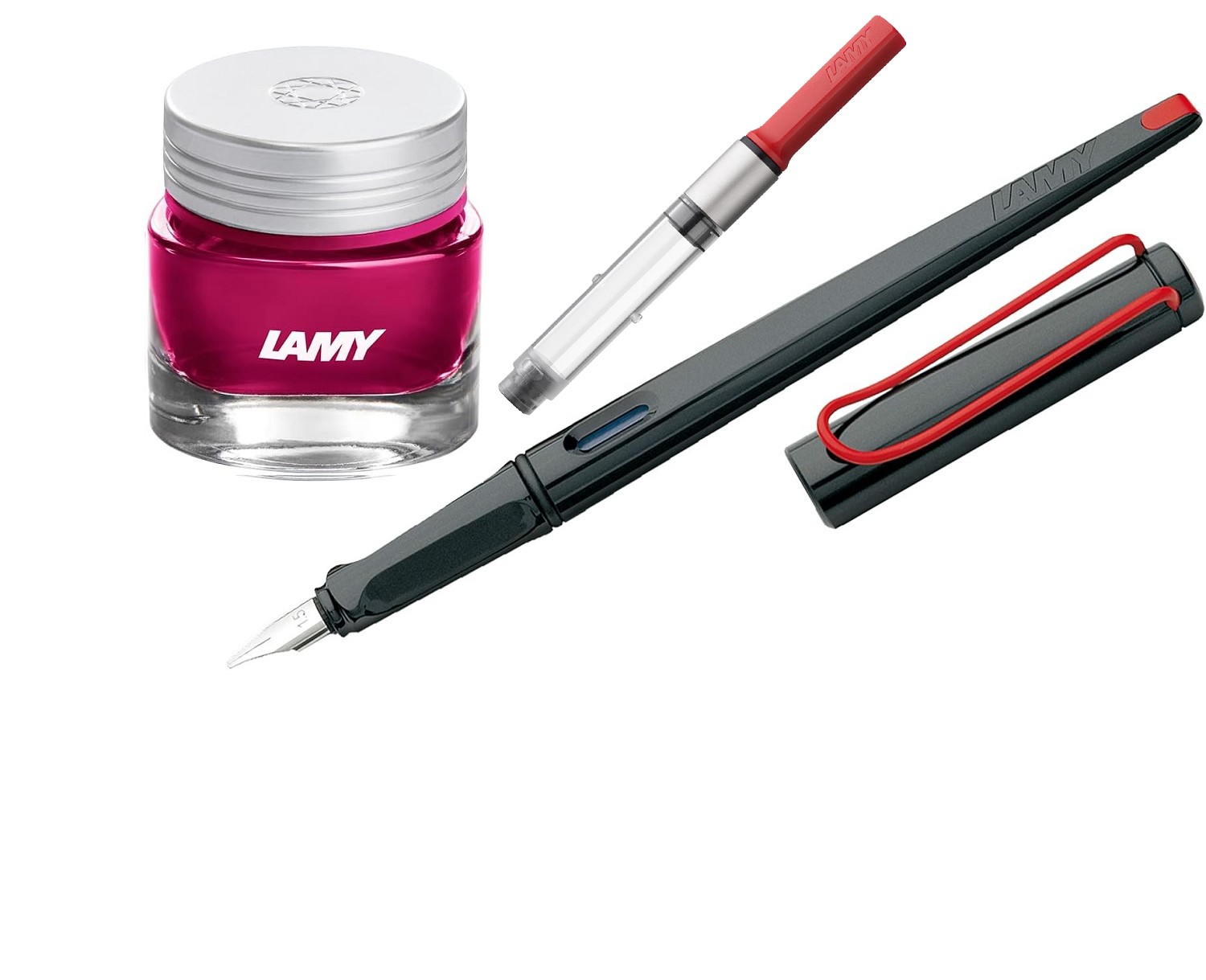 LAMY Geschenk Set - Kalligrafie Joy Füller 015 Schwarz - Kunststoff + Konverter Rot z28 + Tintenglas/Crystal Ink T53 Rhodonite/Wein Rot