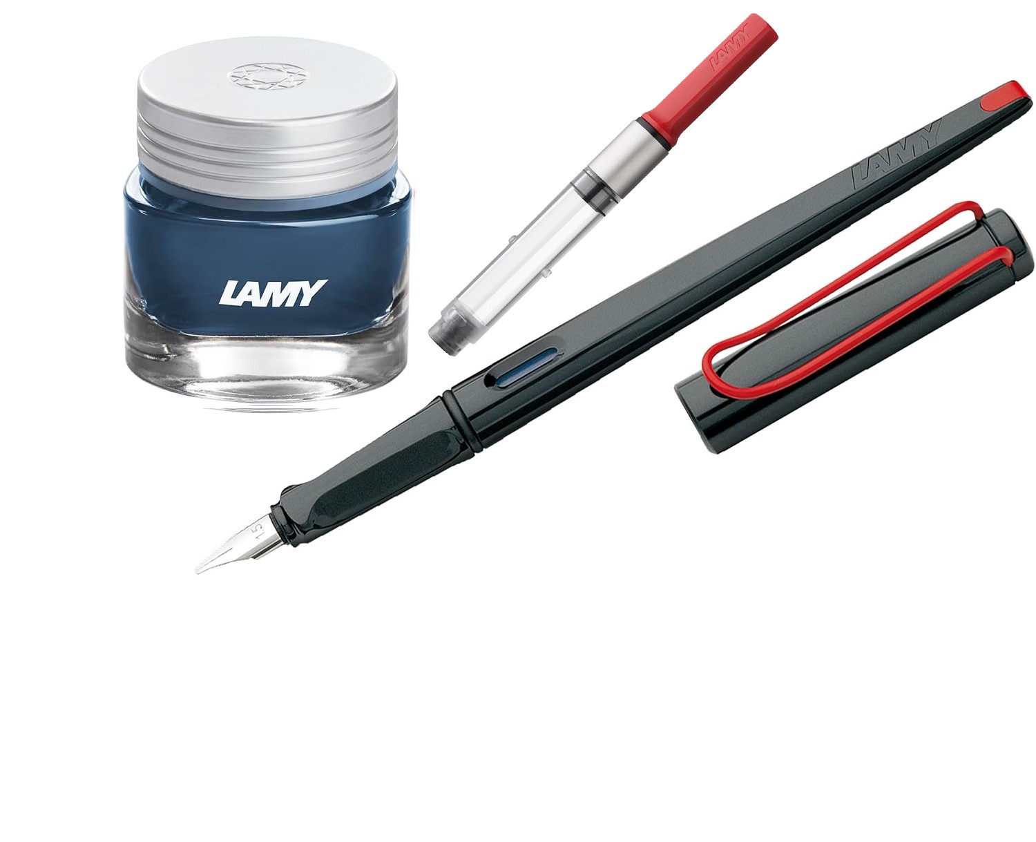 LAMY Geschenk Set - Kalligrafie Joy Füller 015 Schwarz - Kunststoff + Konverter Rot z28 + Tintenglas/Crystal Ink T53 Benitoite/Blau Grau