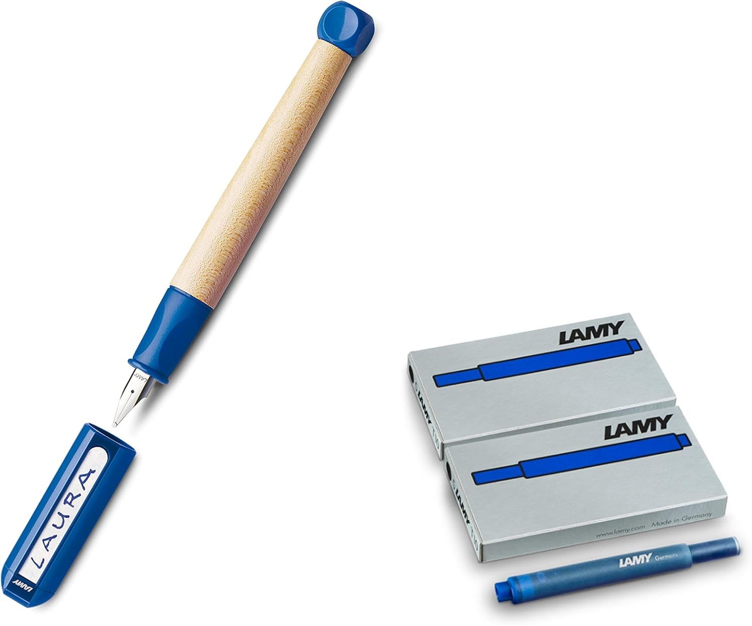 LAMY SET ABC Schul Füller Holz Anfänger + Ersatz Tinten Patronen blau - löschbar