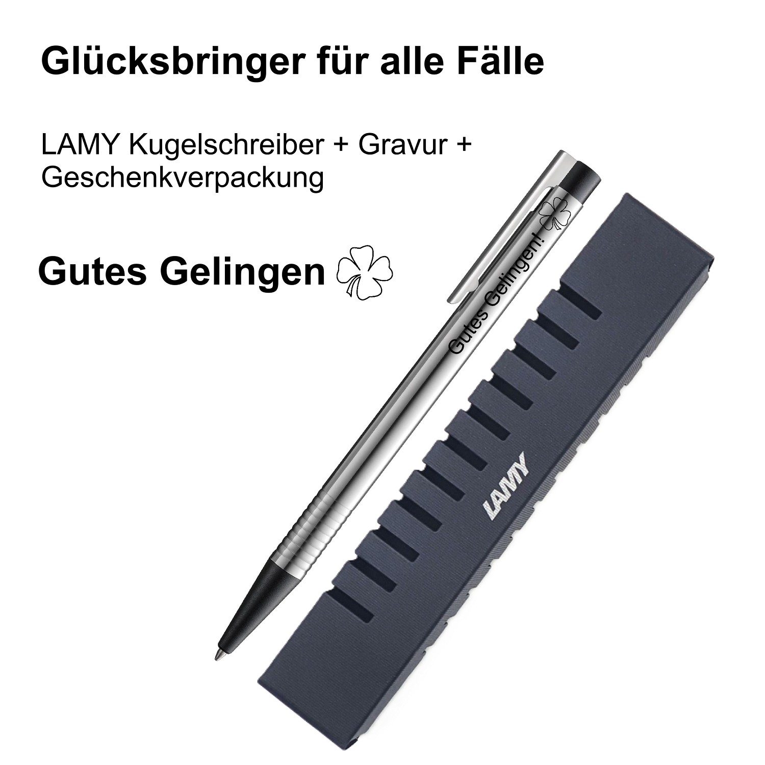 LAMY Kugelschreiber schwarz Geschenk Gravur Kleeblatt Prüfung Glücksbringer Gutes Gelingen!