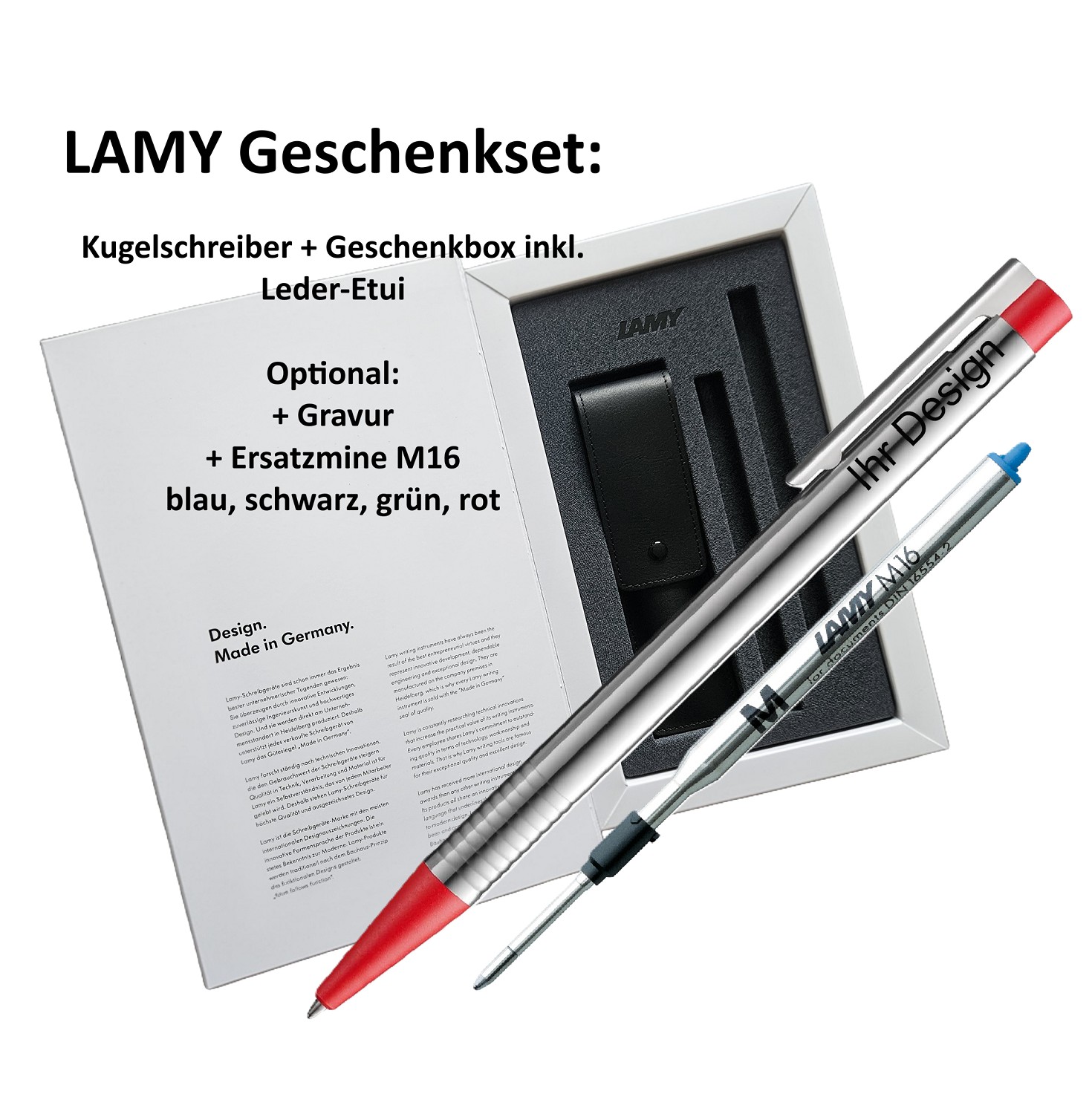 LAMY GESCHENK SET - Logo Kugelschreiber Rot + Box + Ersatz Mine M16 M blau + Gravur
