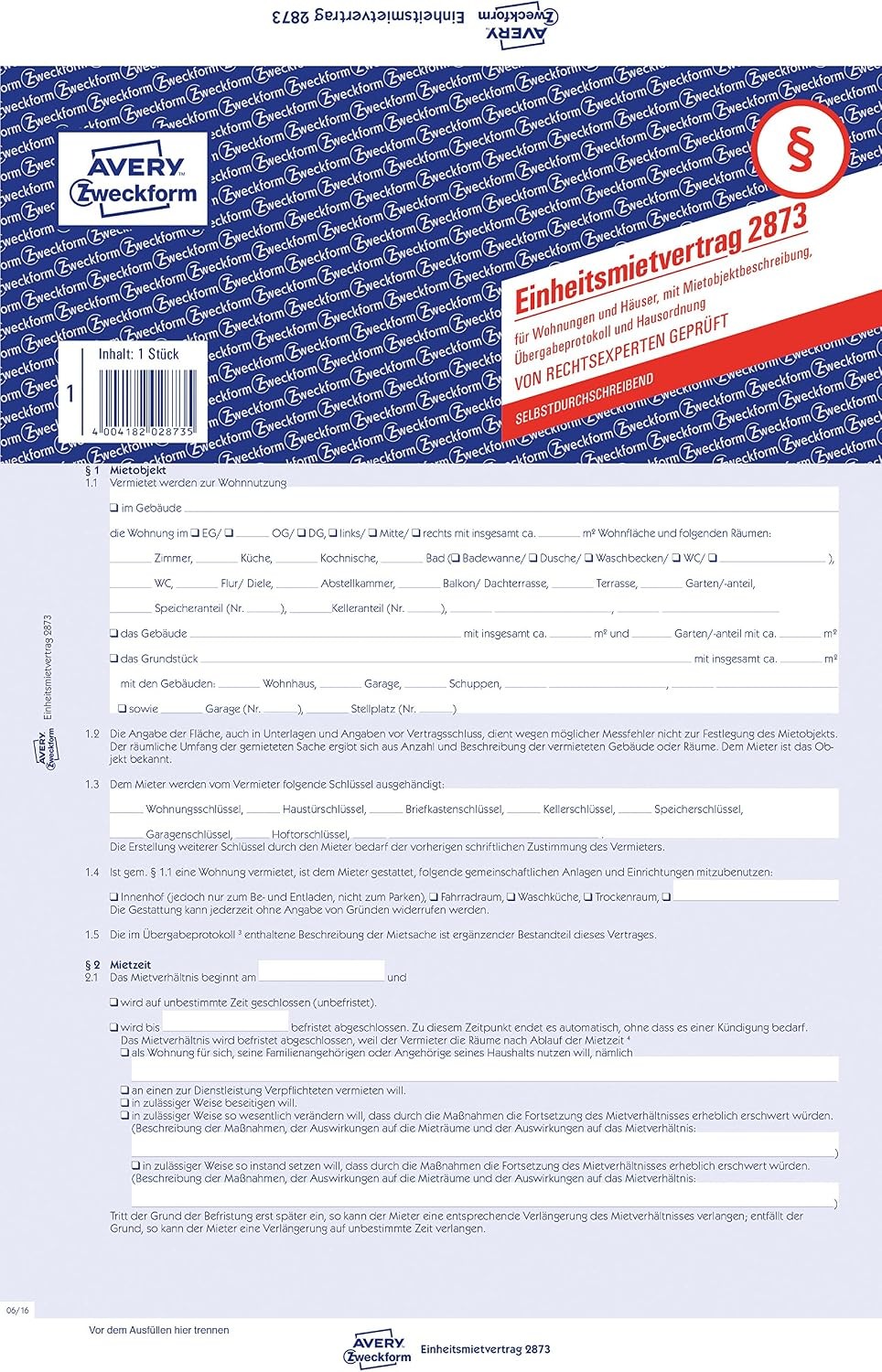1x Zweckform Einheitsmietvertrag für Wohnung, Häuser inkl. Objektbeschreibung, Protokoll uvm. 2873