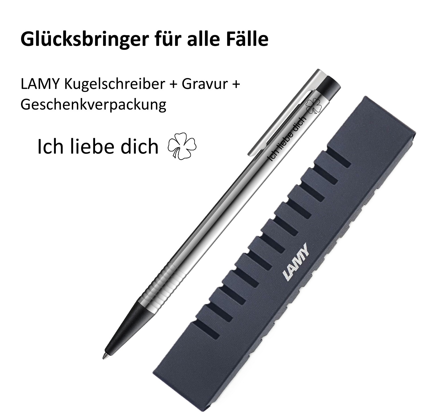 LAMY Kugelschreiber schwarz Geschenk Gravur Kleeblatt Prüfung Glücksbringer Ich liebe dich