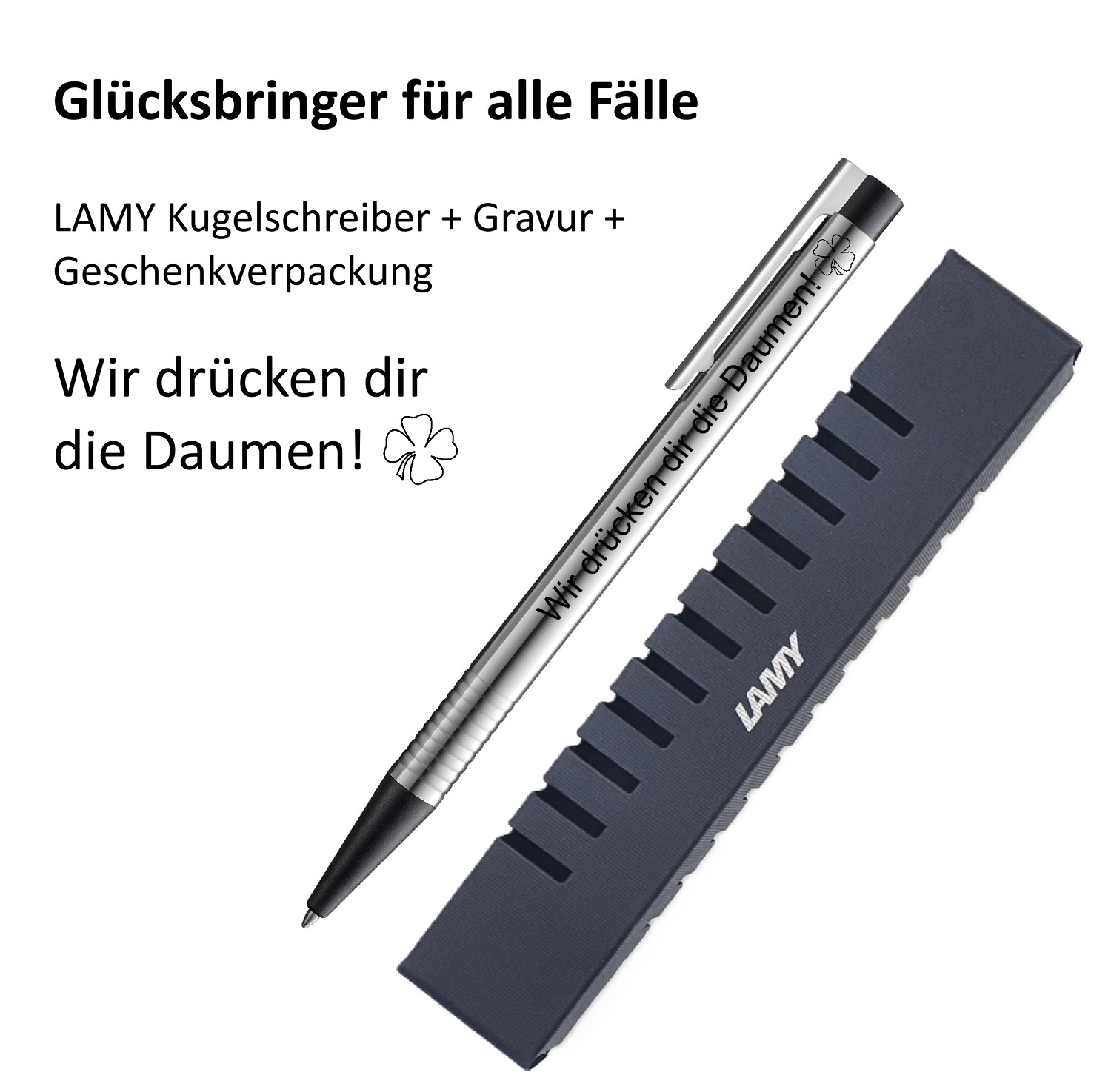 LAMY Kugelschreiber schwarz Geschenk Gravur Kleeblatt Prüfung Glücksbringer Wir drücken dir die Daumen
