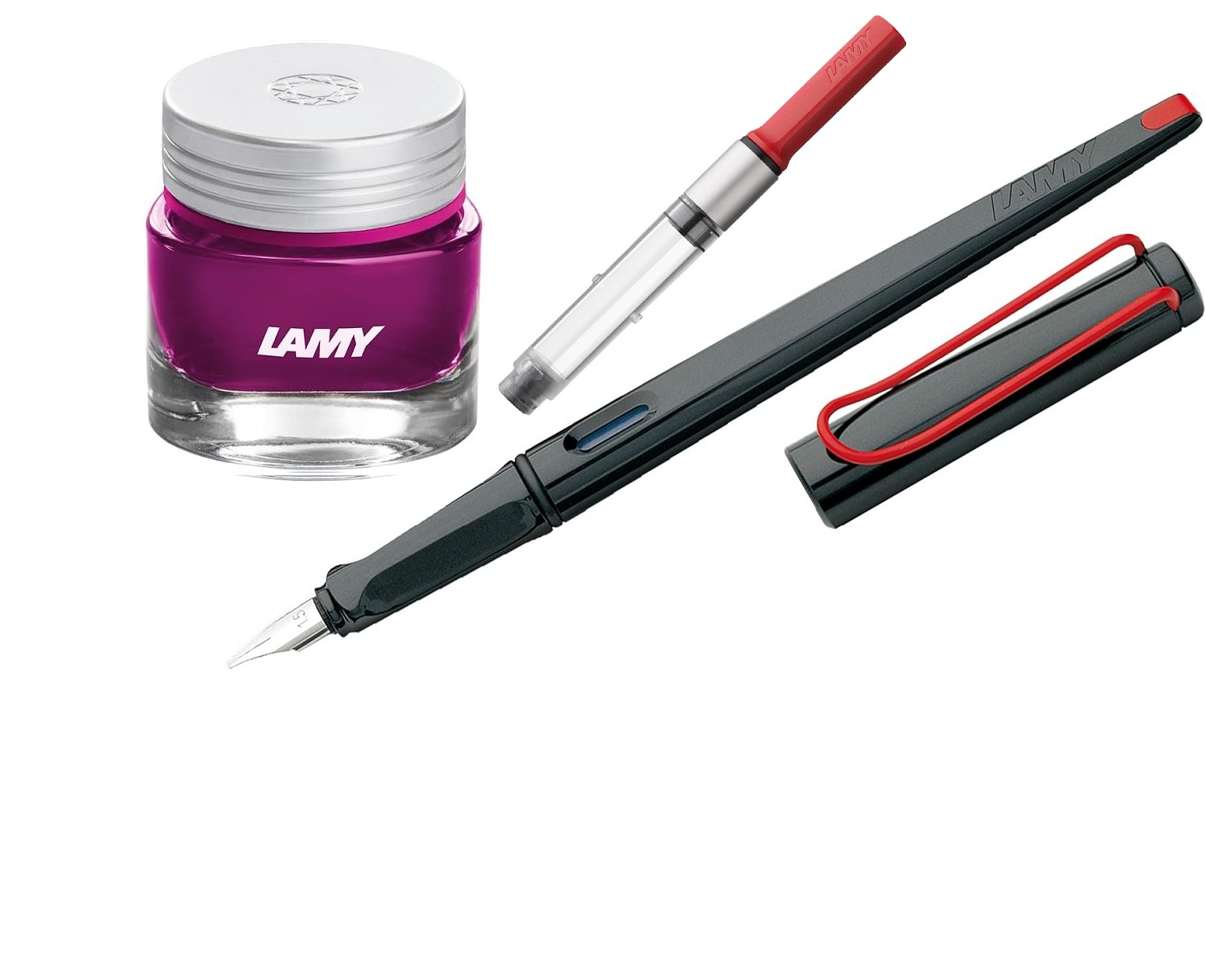 LAMY Geschenk Set - Kalligrafie Joy Füller 015 Schwarz - Kunststoff + Konverter Rot z28 + Tintenglas/Crystal Ink T53 Beryl/Magenta/Violet