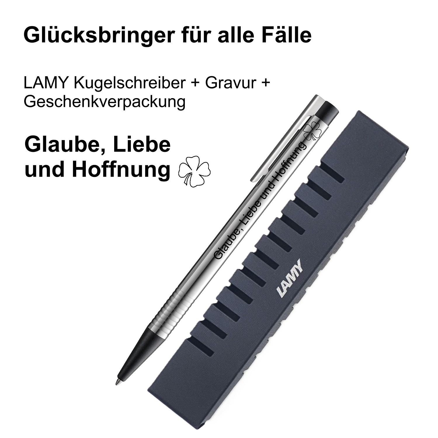 LAMY Kugelschreiber schwarz Geschenk Gravur Kleeblatt Prüfung Glücksbringer Glaube, Liebe und Hoffnung