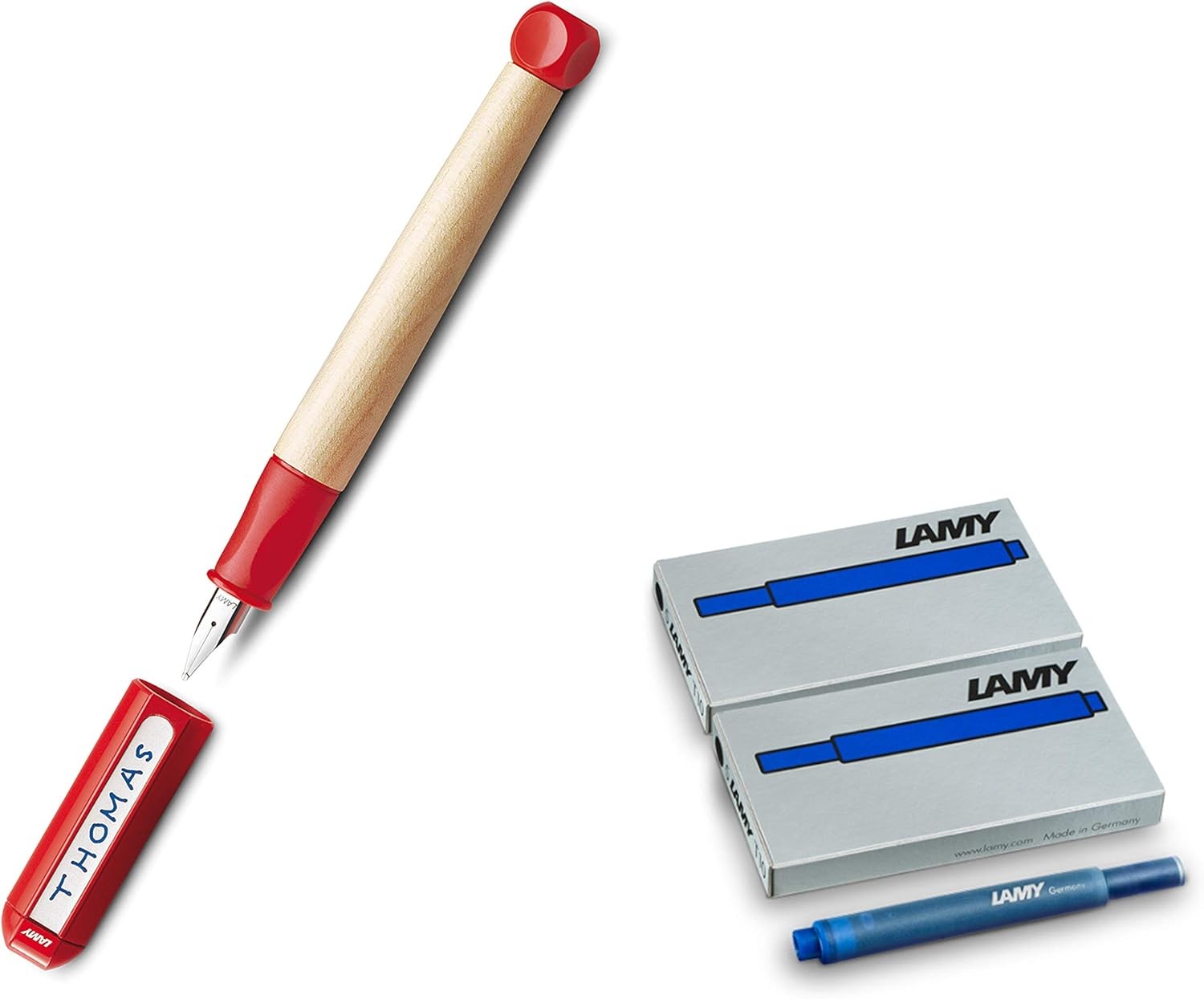 LAMY SET ABC Schul Füller Holz Anfänger Rot + Ersatz Tintenpatronen blau löschbar