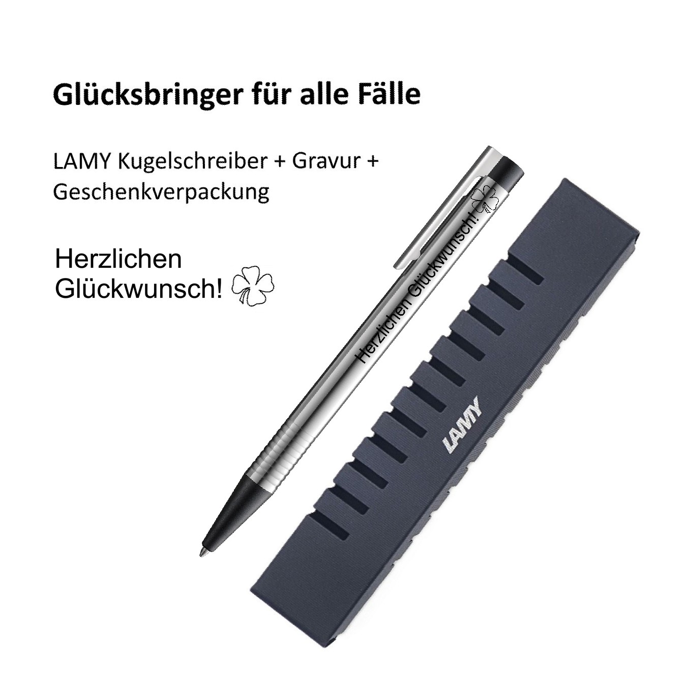 LAMY Kugelschreiber schwarz Geschenk Gravur Kleeblatt Prüfung Glücksbringer Herzlichen Glückwunsch!