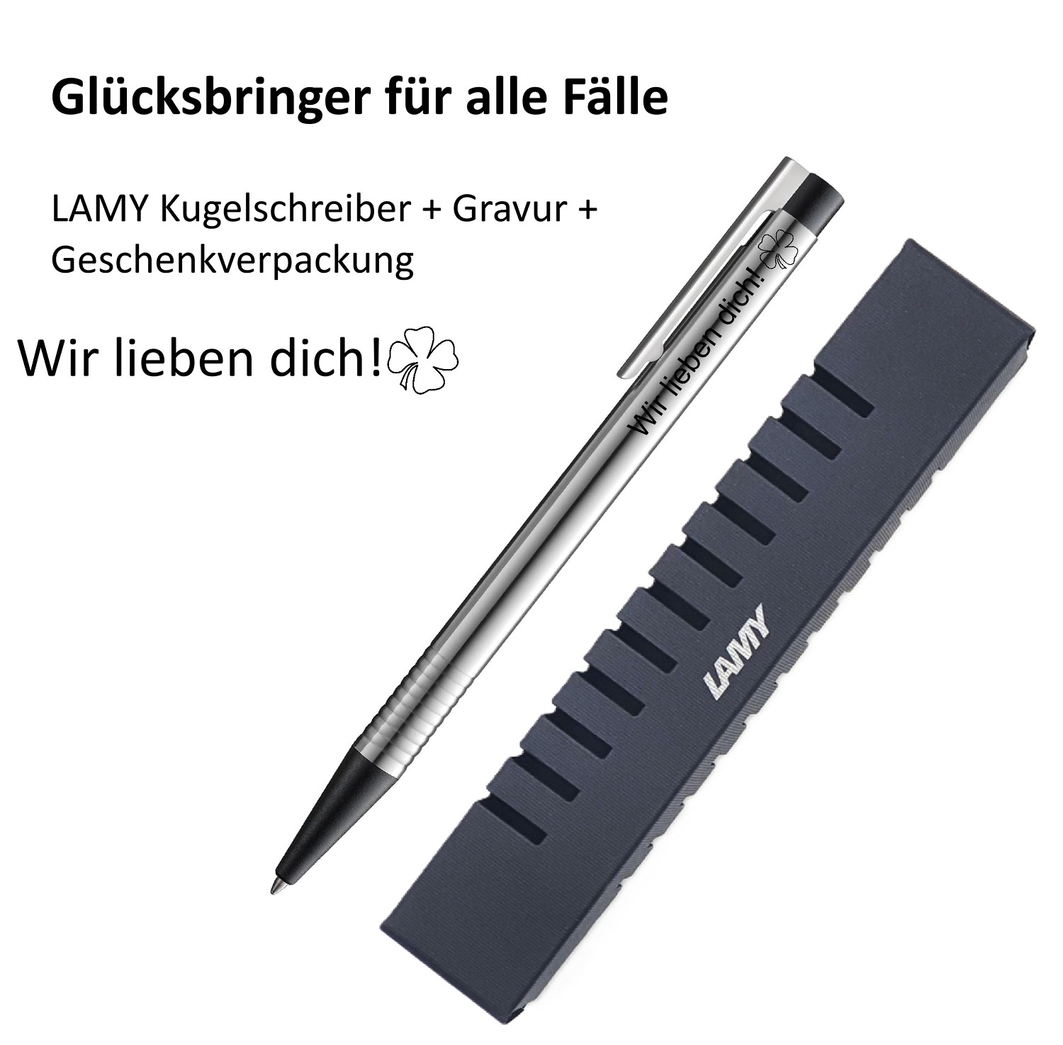 LAMY Kugelschreiber schwarz Geschenk Gravur Kleeblatt Prüfung Glücksbringer Wir lieben dich!