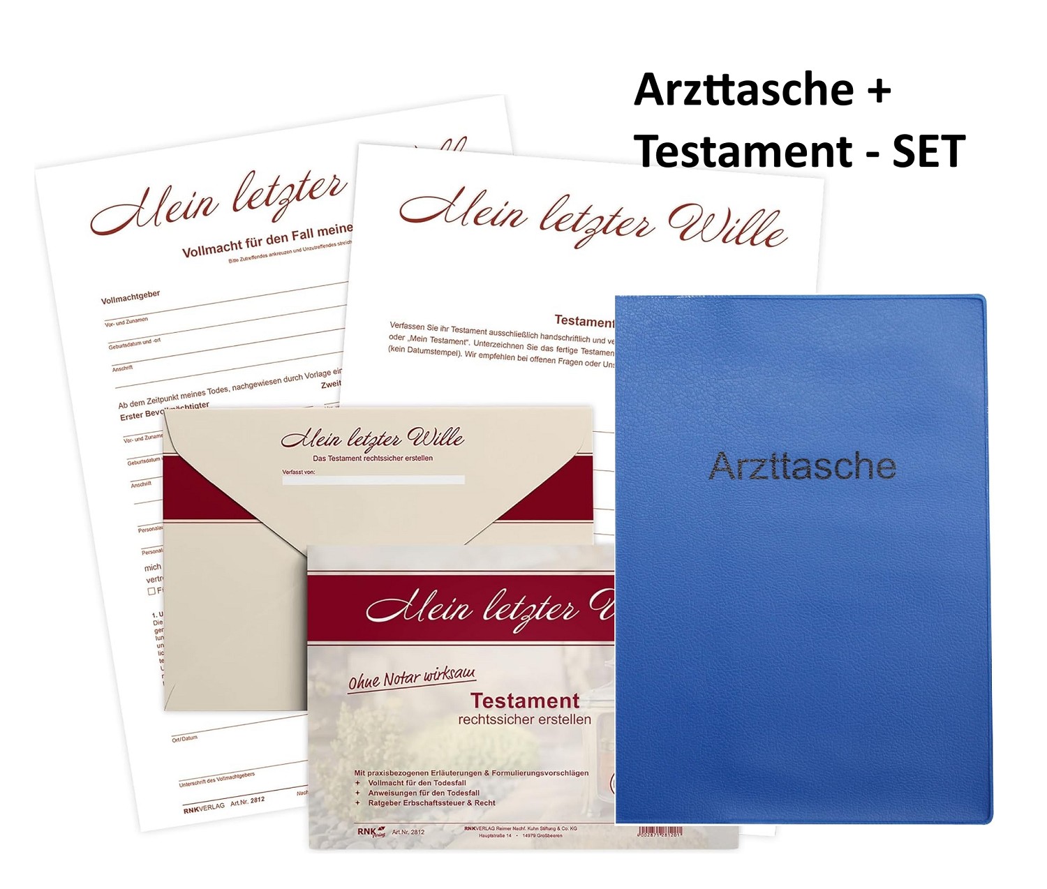 RNK Testament Brief inkl. Schreibbogen Vollmacht A4 etc - praktisch im C5 Format + Arzttasche/Arztmappe A6 blau Kunststoff