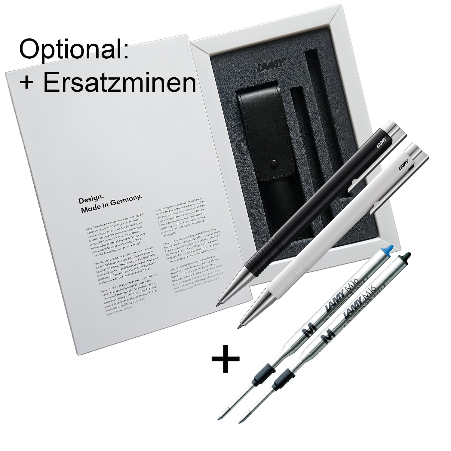 2x LAMY Logo Kugelschreiber schwarz weiß 204 M+ M16 M Ersatz Mine Mittel blau - SET