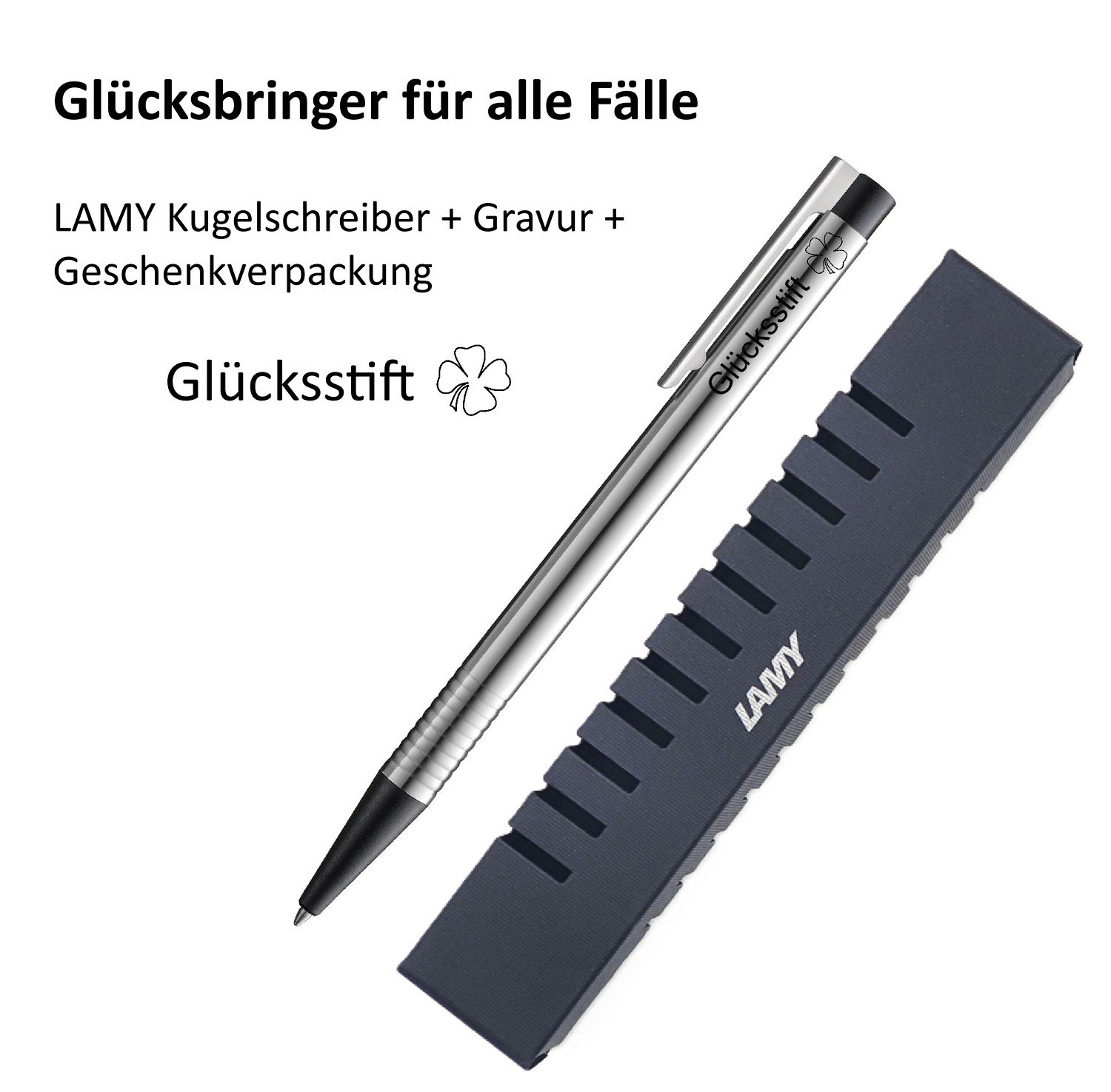 LAMY Kugelschreiber schwarz Geschenk Gravur Kleeblatt Prüfung Glücksbringer Glücksstift