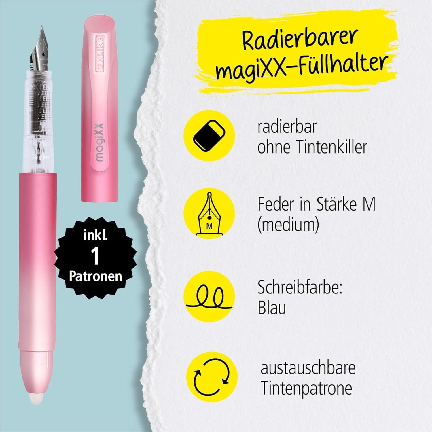 Radierbarer Füller für Schule -  MagiXX Rosa/Silber + Patrone blau - Online - sweet love