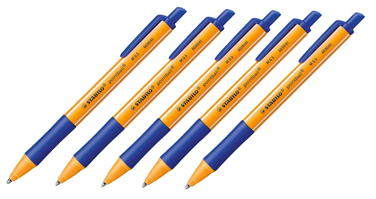 5x Kugelschreiber/Pointball mit Druckknopf + Clip -  STABILO Blau 6030 41 0,5