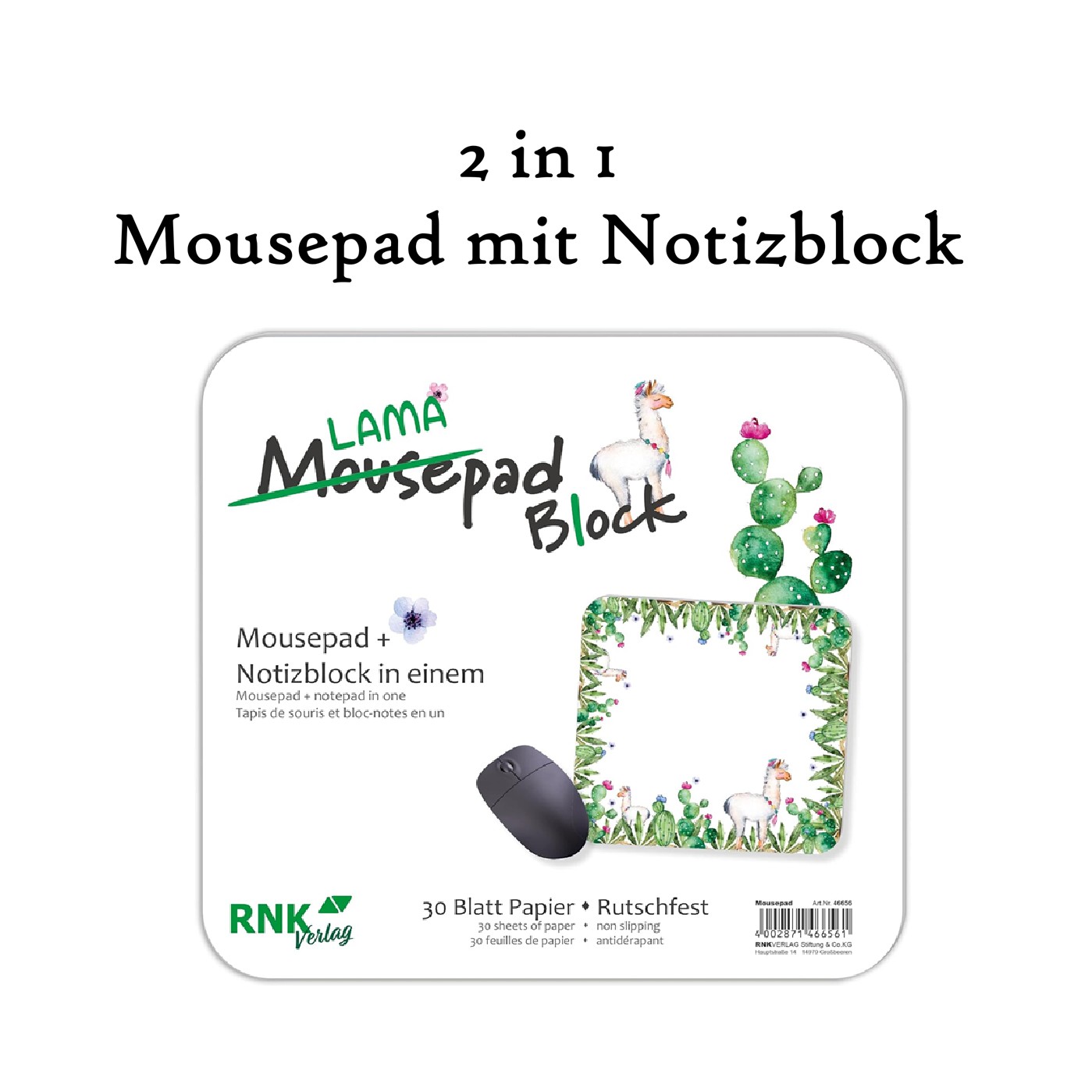 RNK Mousepad mit Notizblock - lustiges Lama Design - 30 Blatt - geleimt - platzsparend
