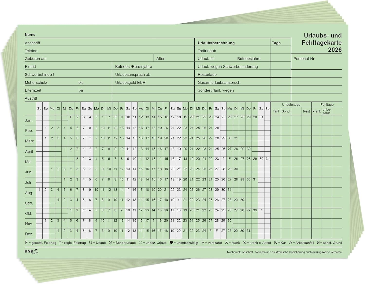 1x RNK Urlaubs- und Fehltagekarte 2026 - Personalplamnung - A5 quer tabellarisch