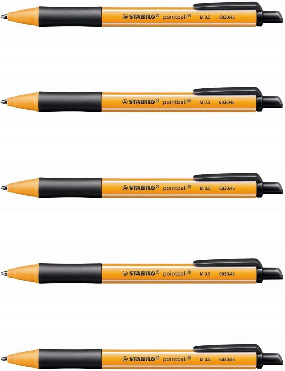 5x Kugelschreiber/Pointball mit Druckknopf + Clip -  STABILO Schwarz 6030 46 0,5