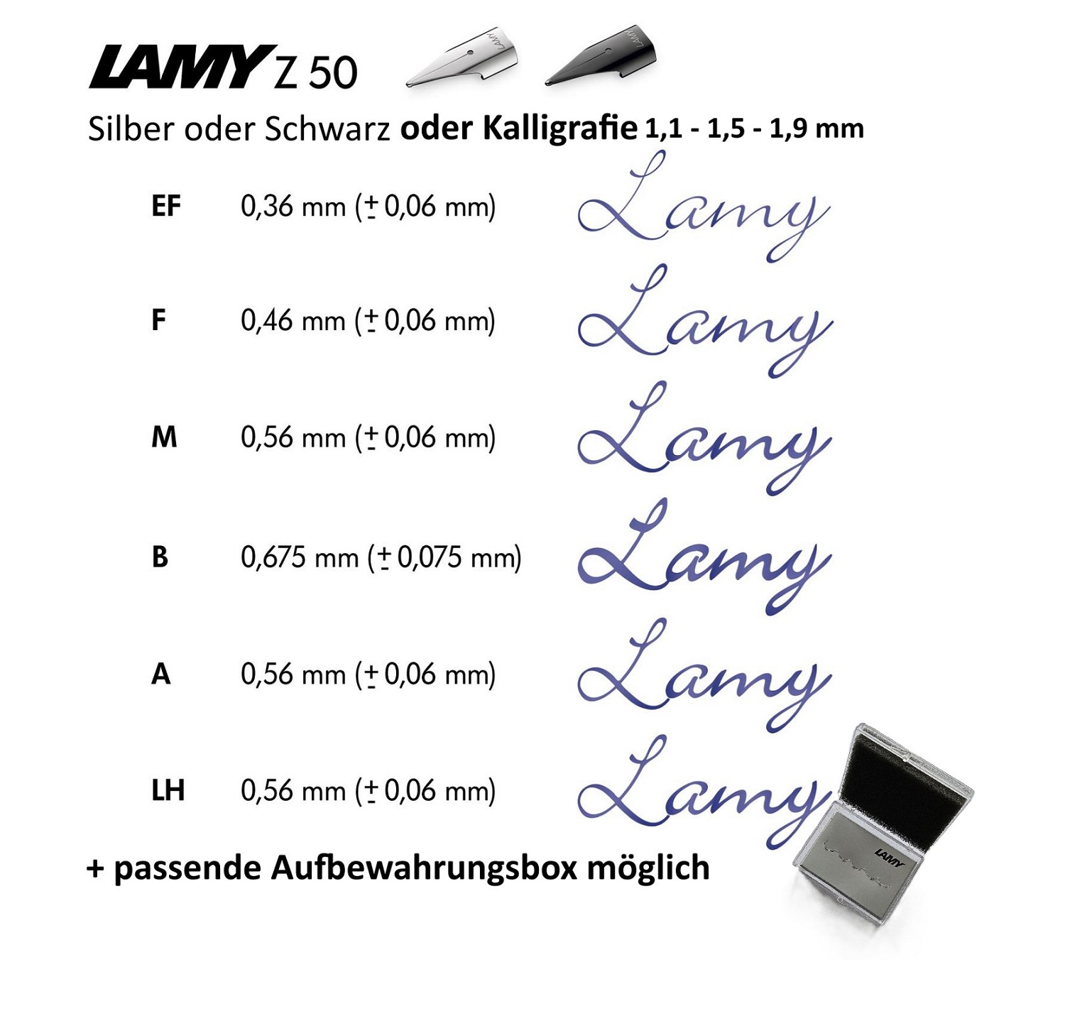 LAMY Z50 Ersatz Stahl Feder schwarz silber glänzend - Stärke: A B EF F LH M 1,1 1,5 1,9
