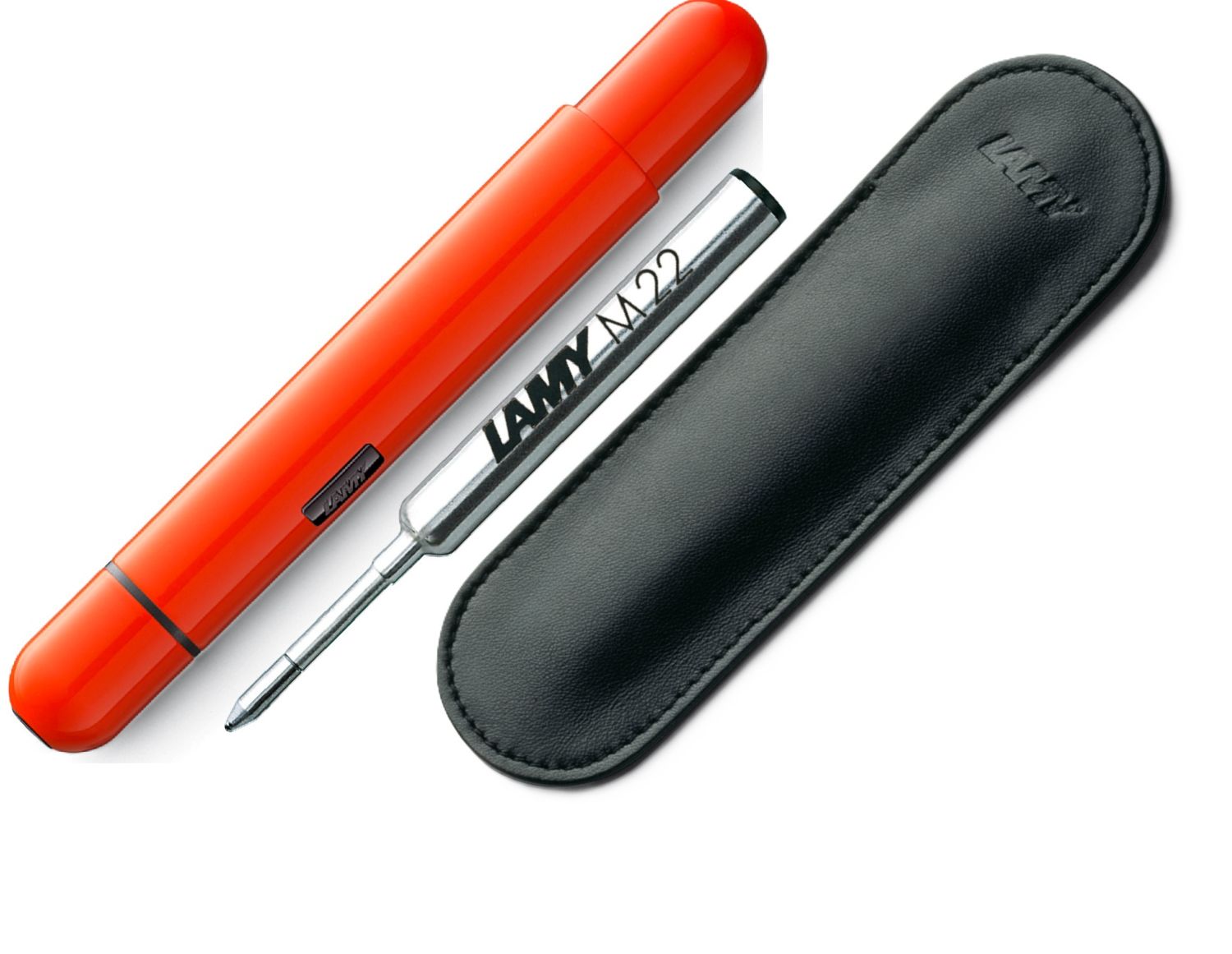 LAMY PICO Neon Orange 288 Kugelschreiber + Leder Etui + Ersatz Mine M22 M Schwarz - SET