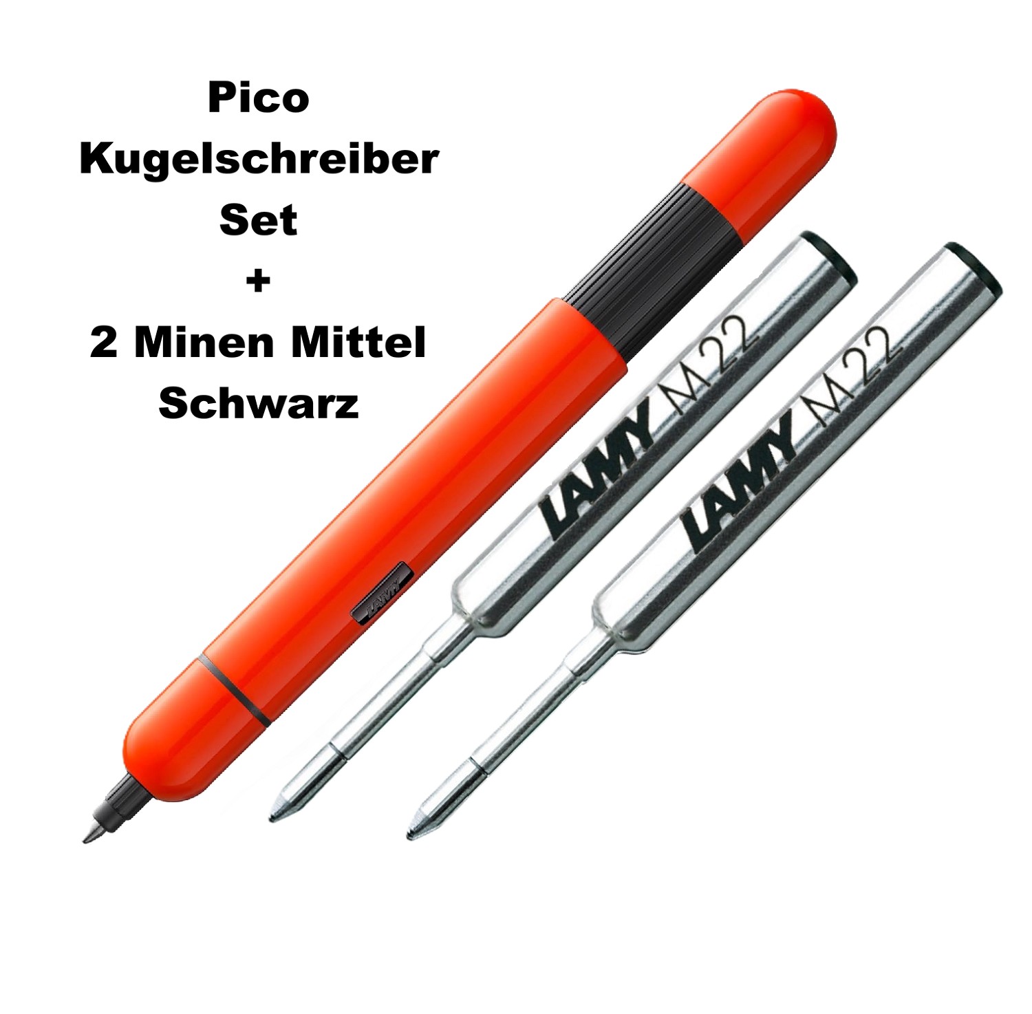 LAMY PICO Laser Orange/ Neon Orange Glänzend Geschenk Set + 2x Ersatz Minen / Refills Schwarz M Mittel