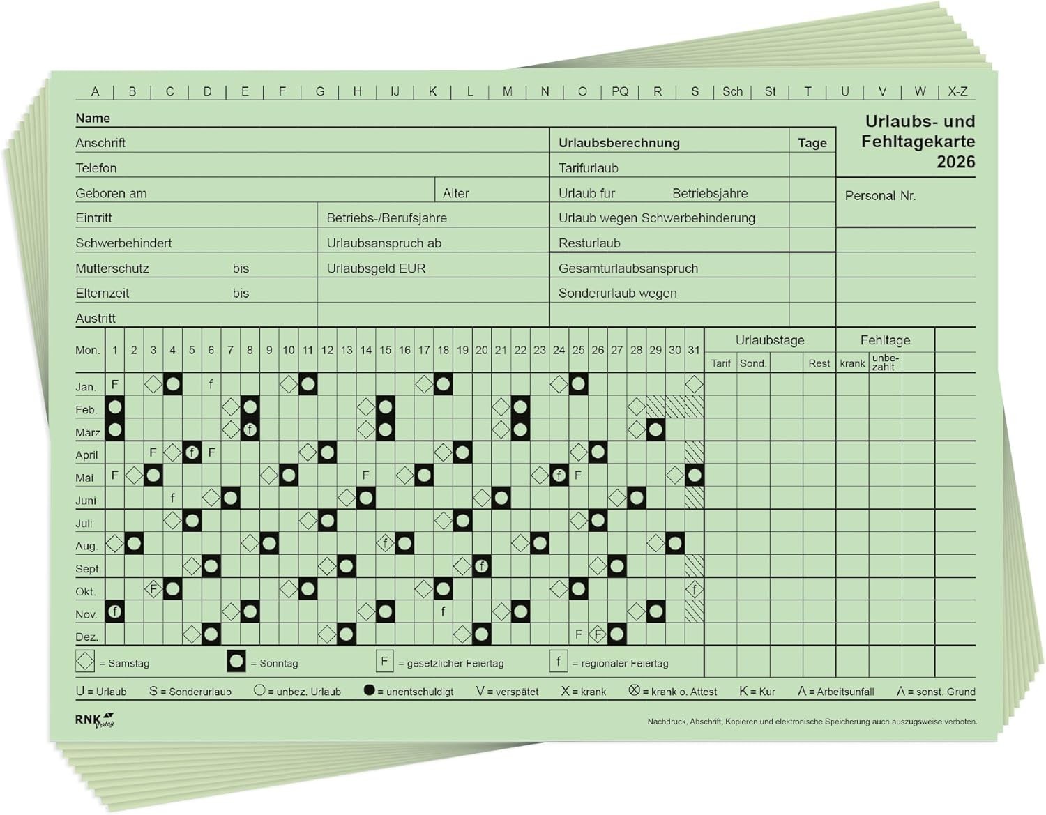 10x RNK Urlaubs- und Fehltagekarte 2026 - Personalplamnung - A5 quer grafisch