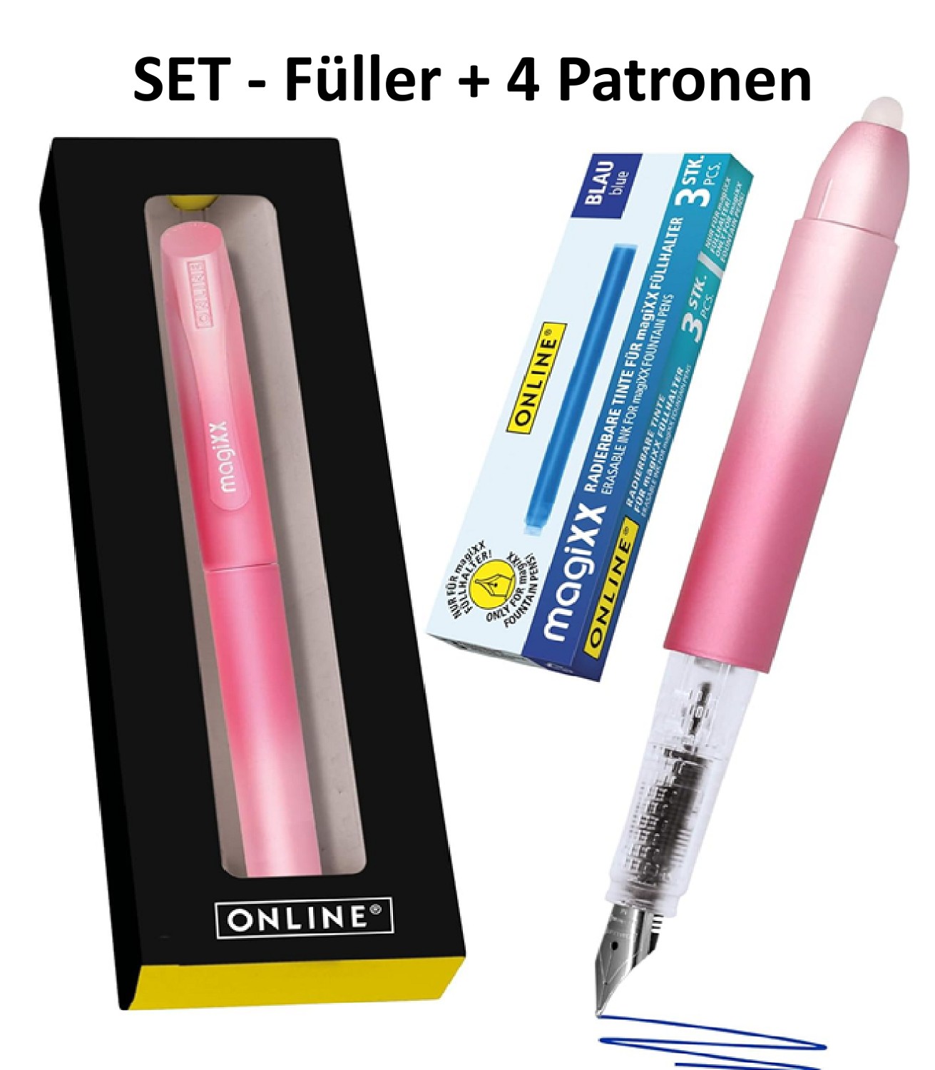 Radierbarer Füller für Schule -  MagiXX Rosa/Silber + 4 Patronen blau Online- sweet love