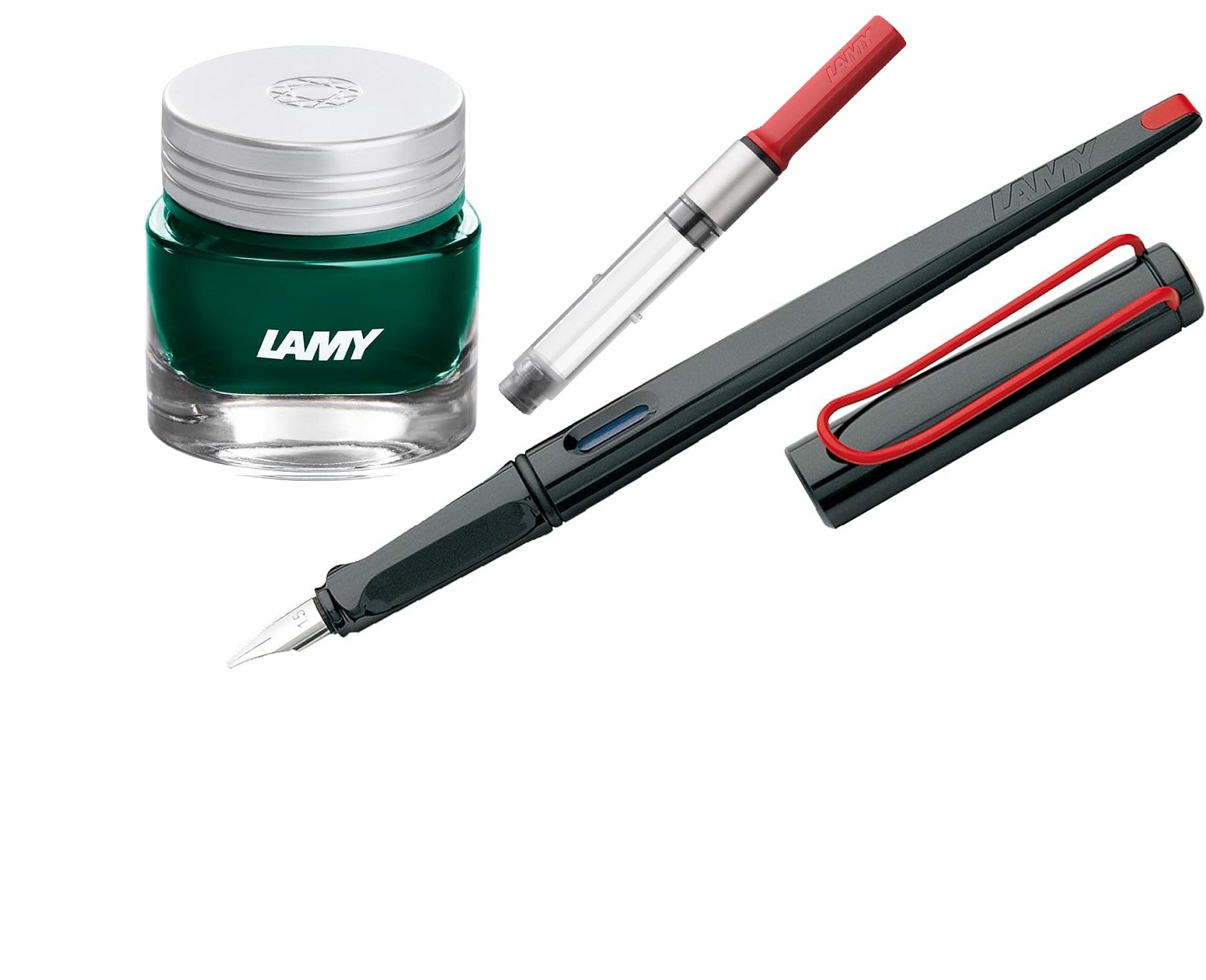LAMY Geschenk Set - Kalligrafie Joy Füller 015 Schwarz - Kunststoff + Konverter Rot z28 + Tintenglas/Crystal Ink T53 Peridot/Dunkel Grün
