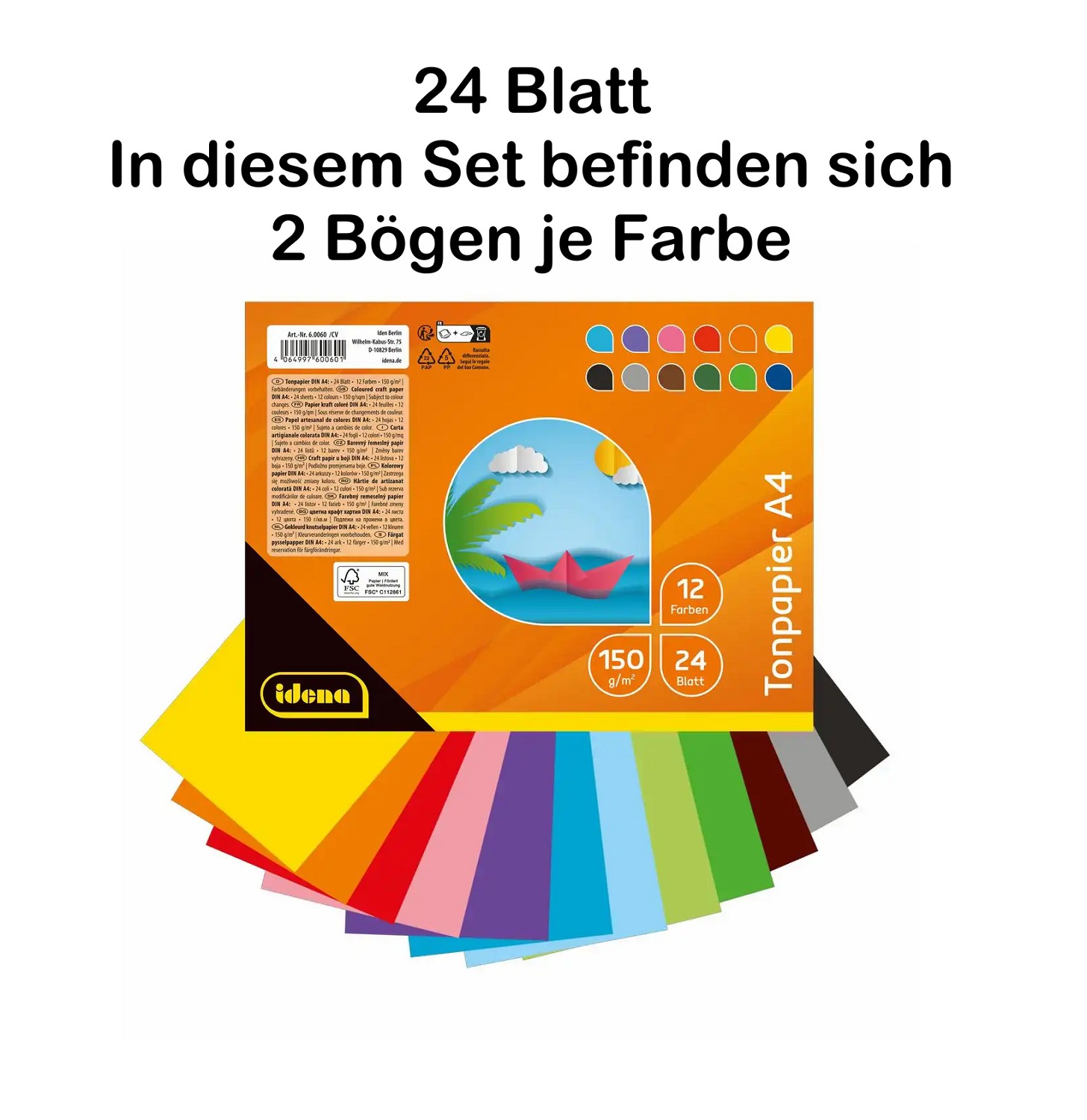 Idena Tonpapier 150g/m² 2x12 Farben DIN A4