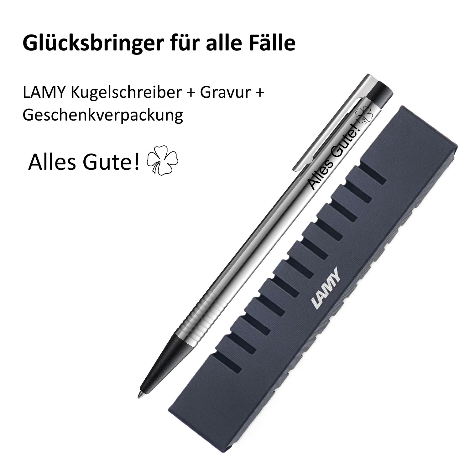LAMY Kugelschreiber schwarz Geschenk Gravur Kleeblatt Prüfung Glücksbringer Alles Gute!
