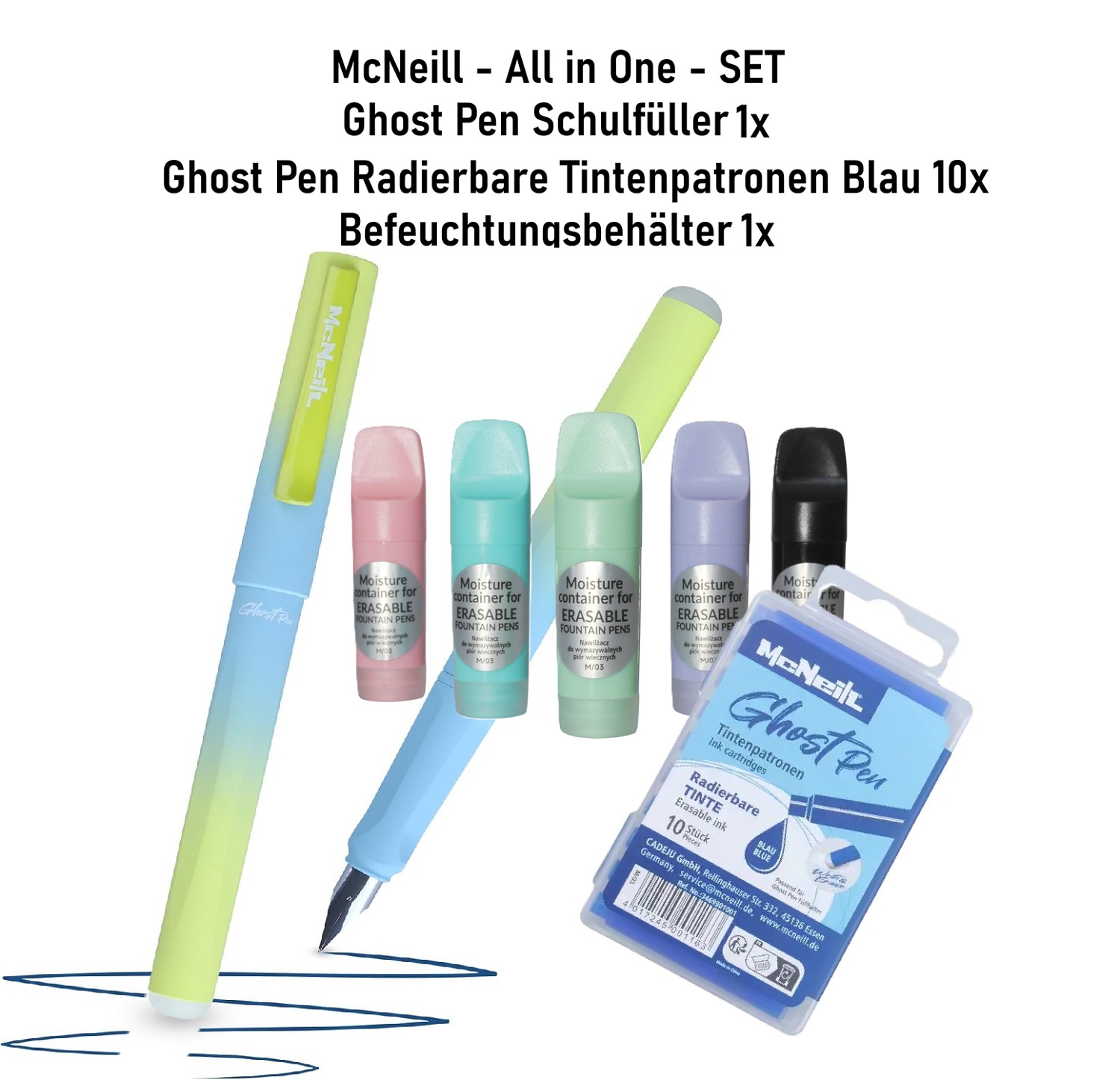 1x McNeill Befeuchter + radierbare Patronen + Ghost Pen Füller Türkis Blau SET