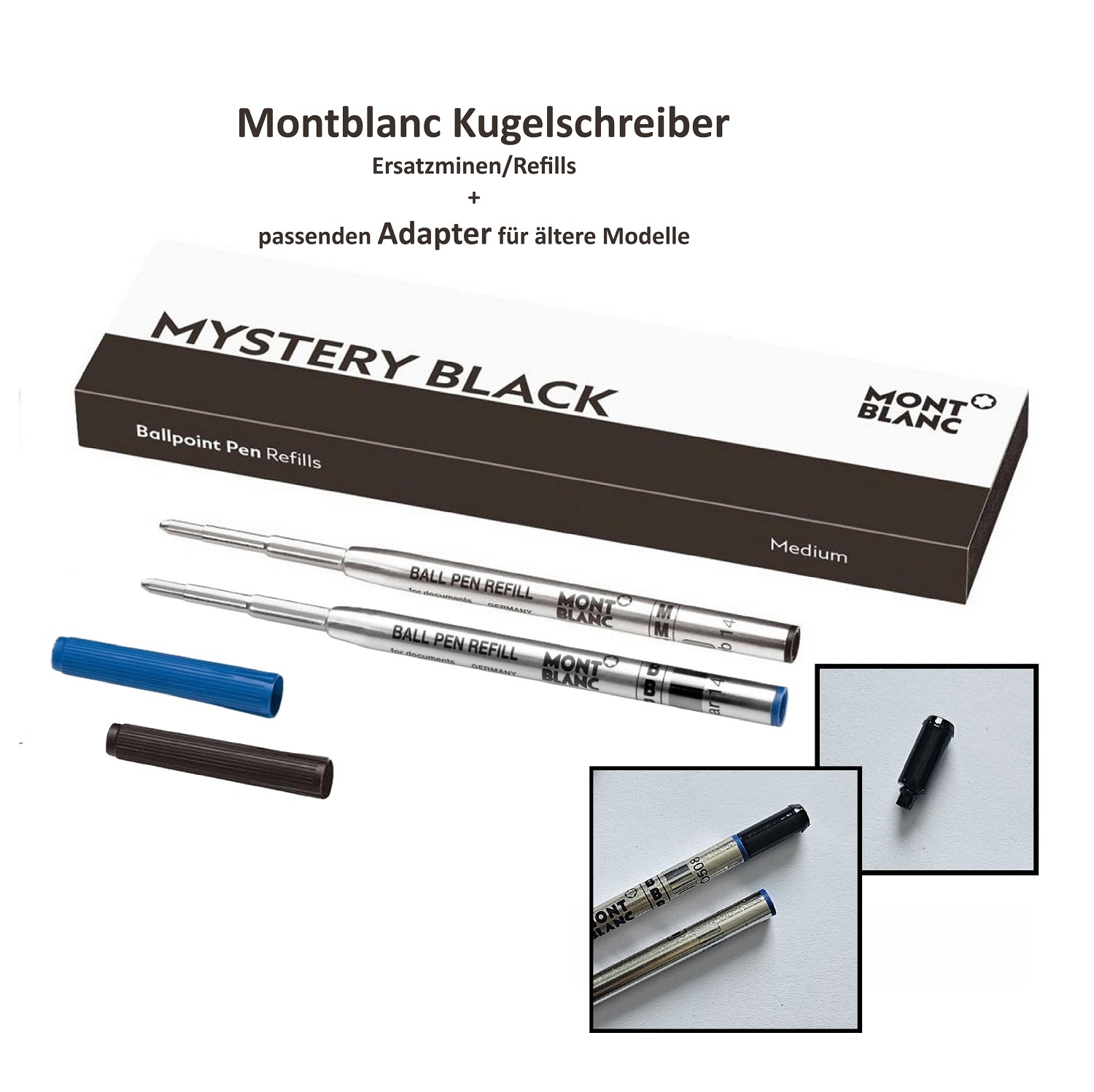 2x Montblanc Ersatz Mine Refills schwarz blau Kugelschreiber + passender Adapter