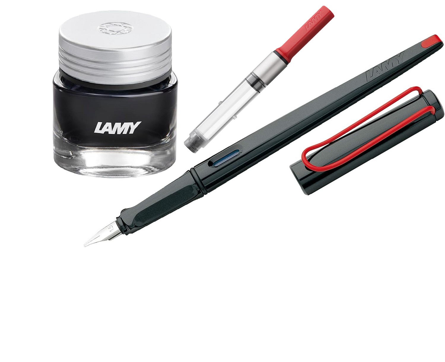 LAMY Geschenk Set - Kalligrafie Joy Füller 015 Schwarz - Kunststoff + Konverter Rot z28 + Tintenglas/Crystal Ink T53 Agate/Grau