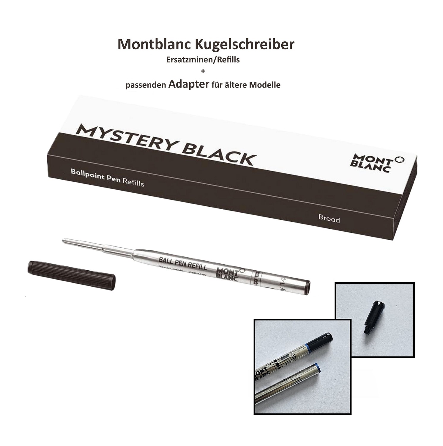 1x MONTBLANC Ersatzmine Kugelschreiber B Breit Schwarz + passender Adapter Schwarz