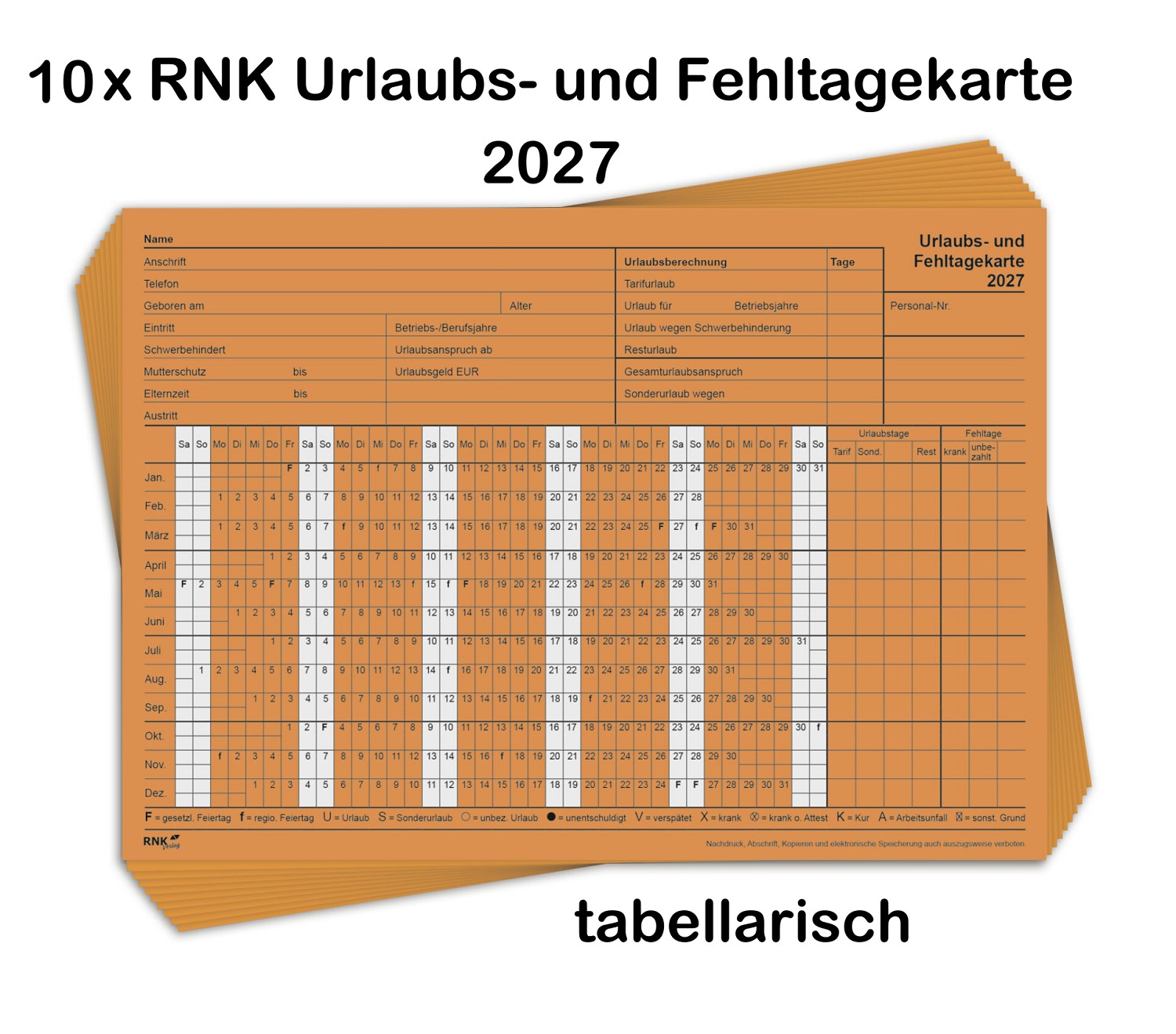 10x RNK Urlaubs- und Fehltagekarte 2026 - Personalplamnung - A5 quer tabellarisch