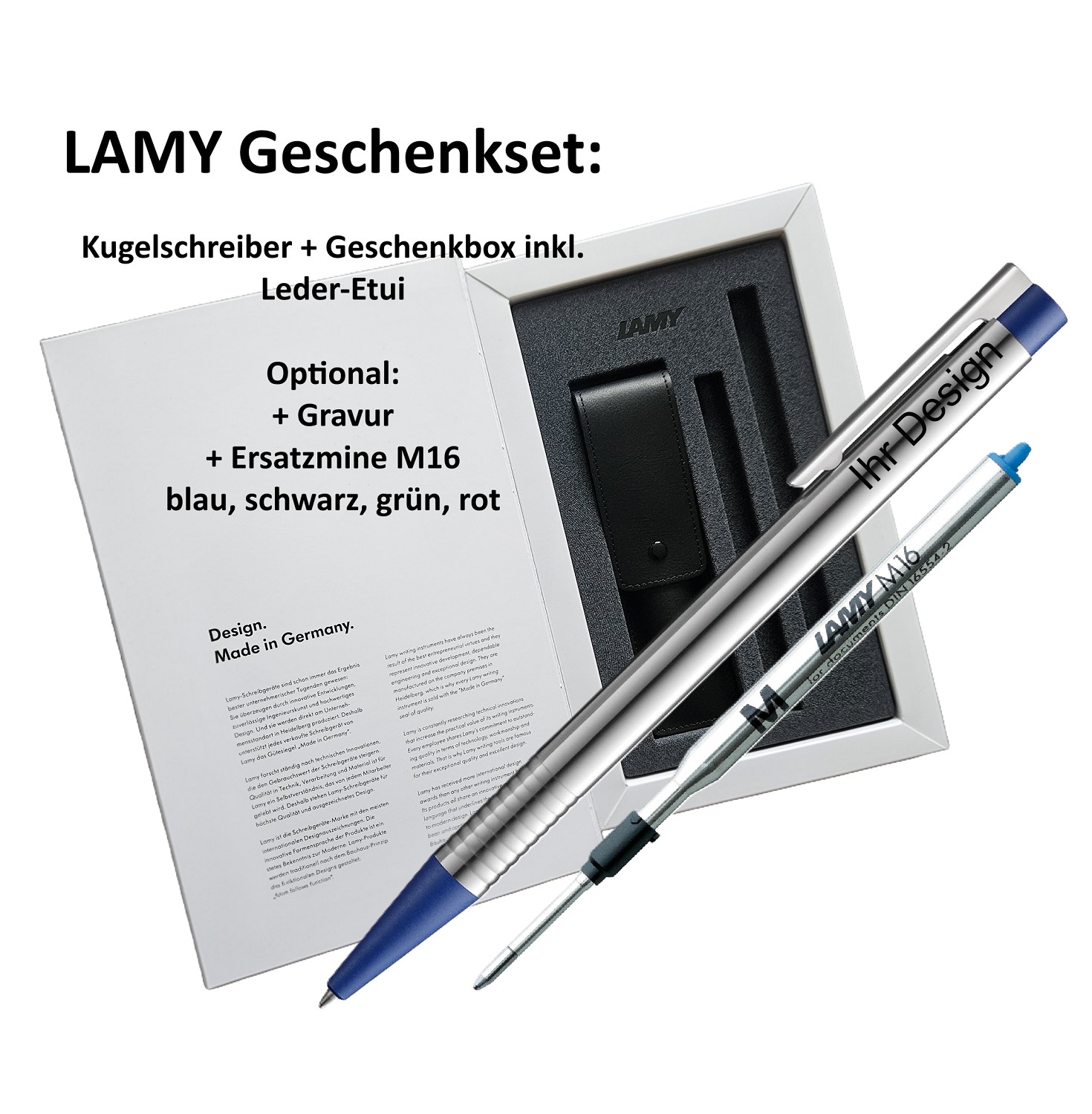 LAMY GESCHENK SET - Logo Kugelschreiber + Box + Ersatz Mine M16 M blau + Gravur